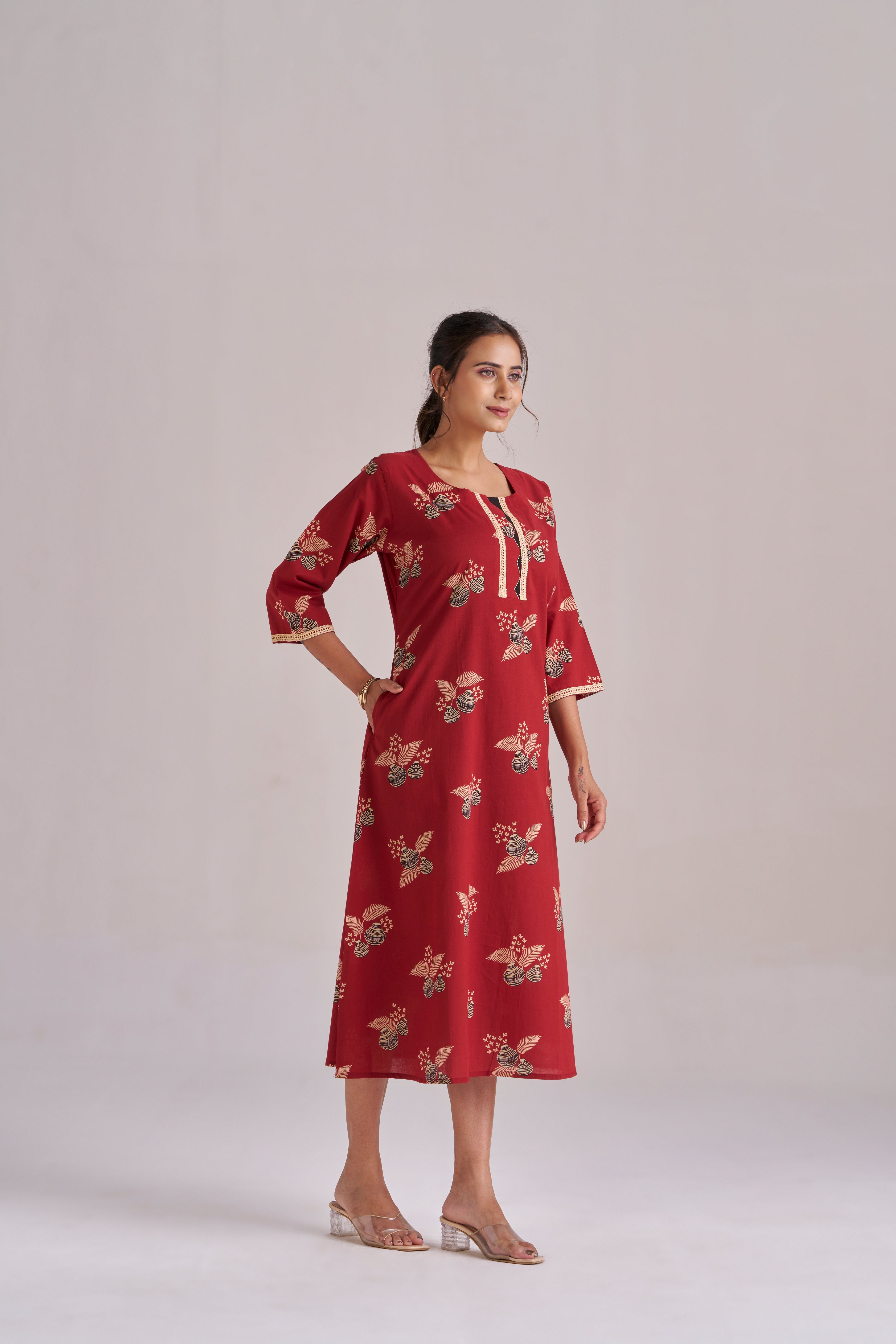 Cotton printed A-line lace trimmed midi kurta