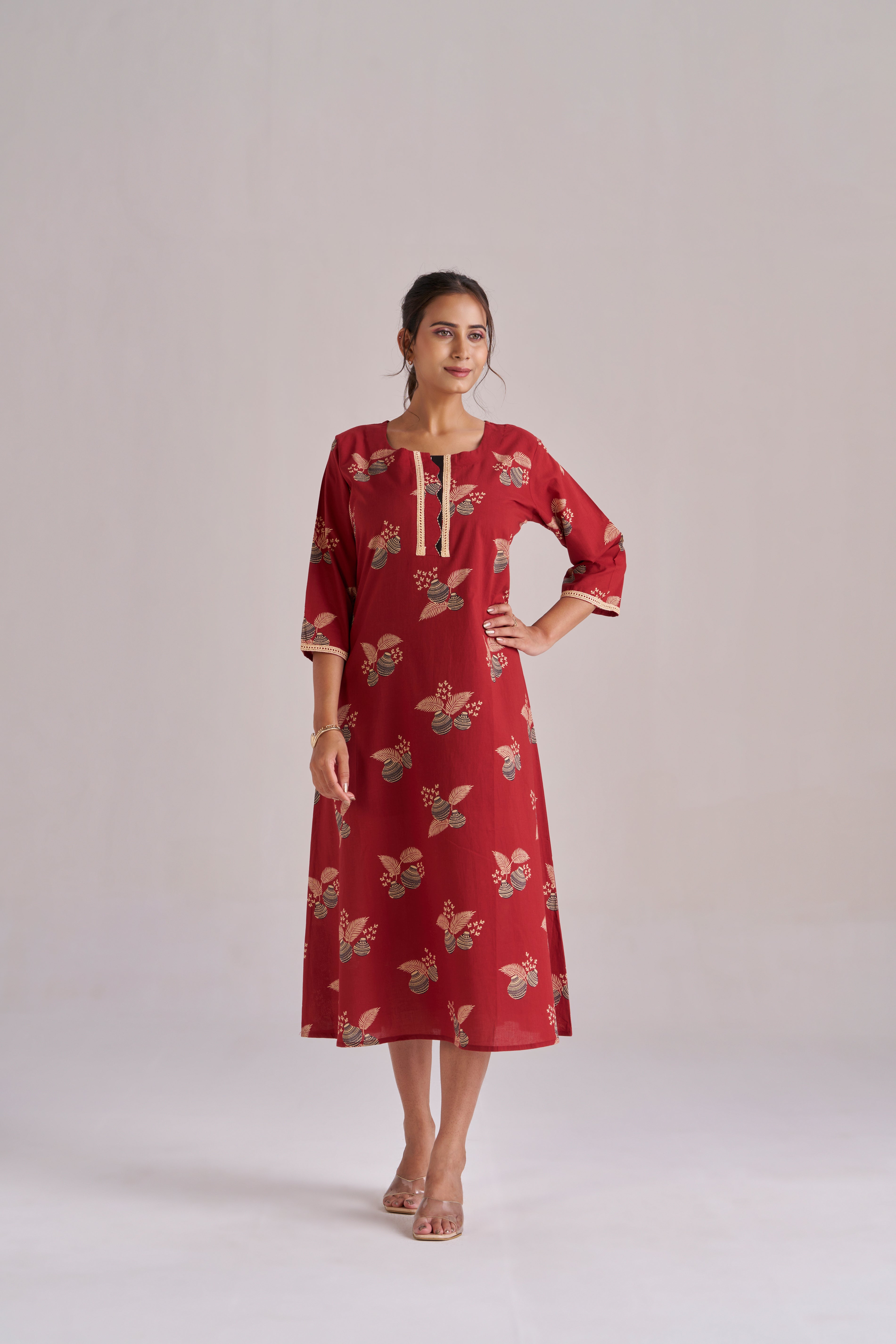 Cotton printed A-line lace trimmed midi kurta