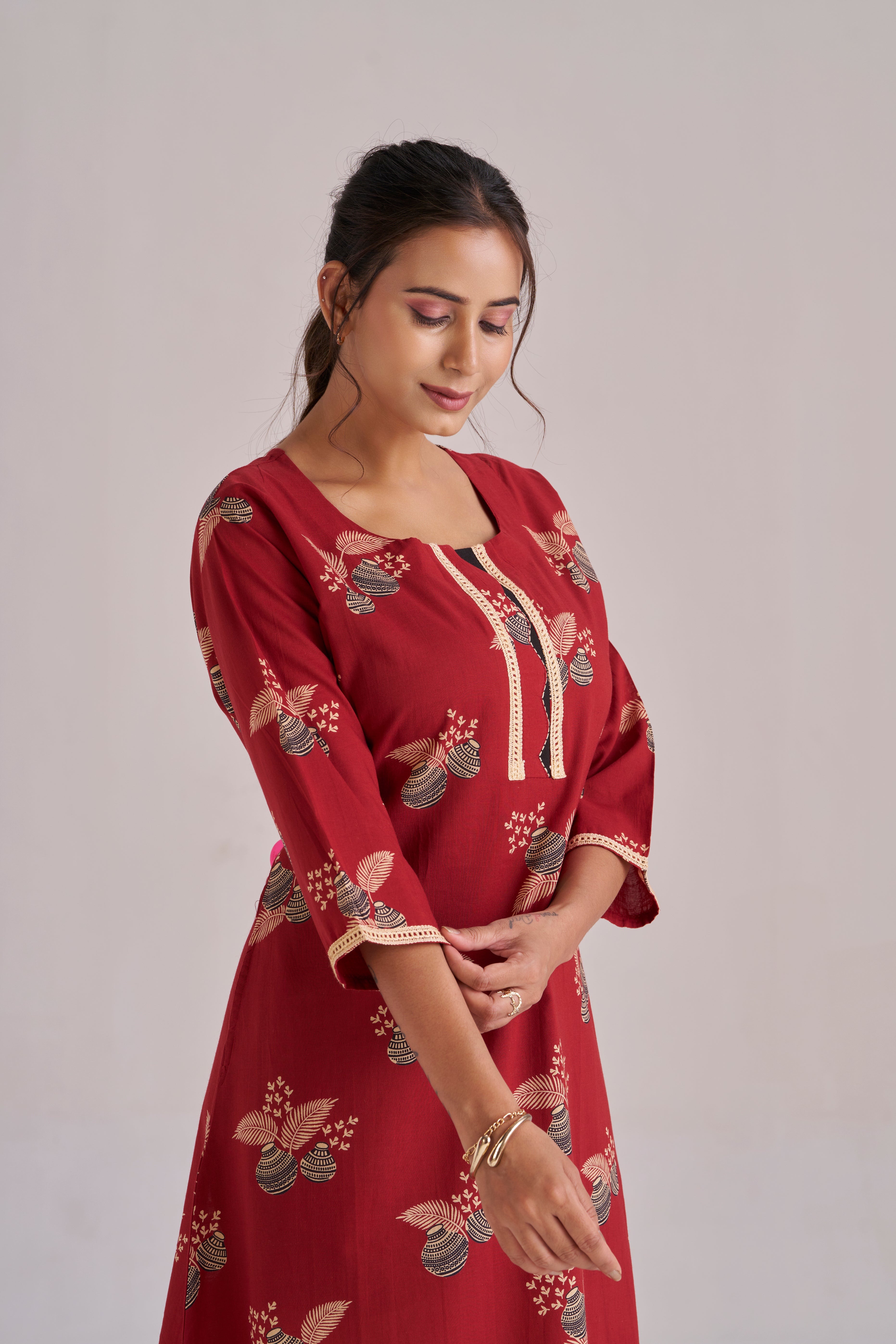 Cotton printed A-line lace trimmed midi kurta