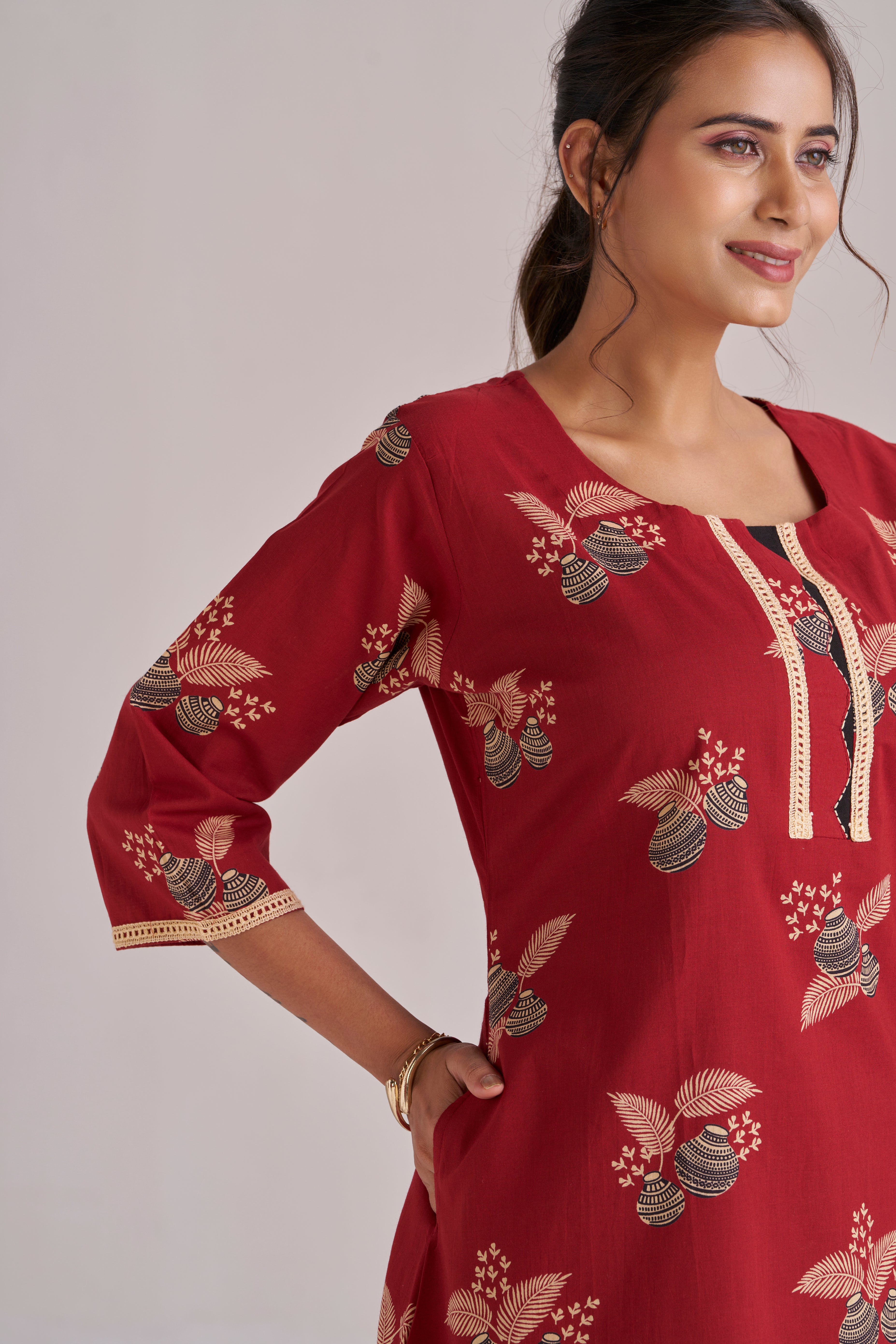 Cotton printed A-line lace trimmed midi kurta