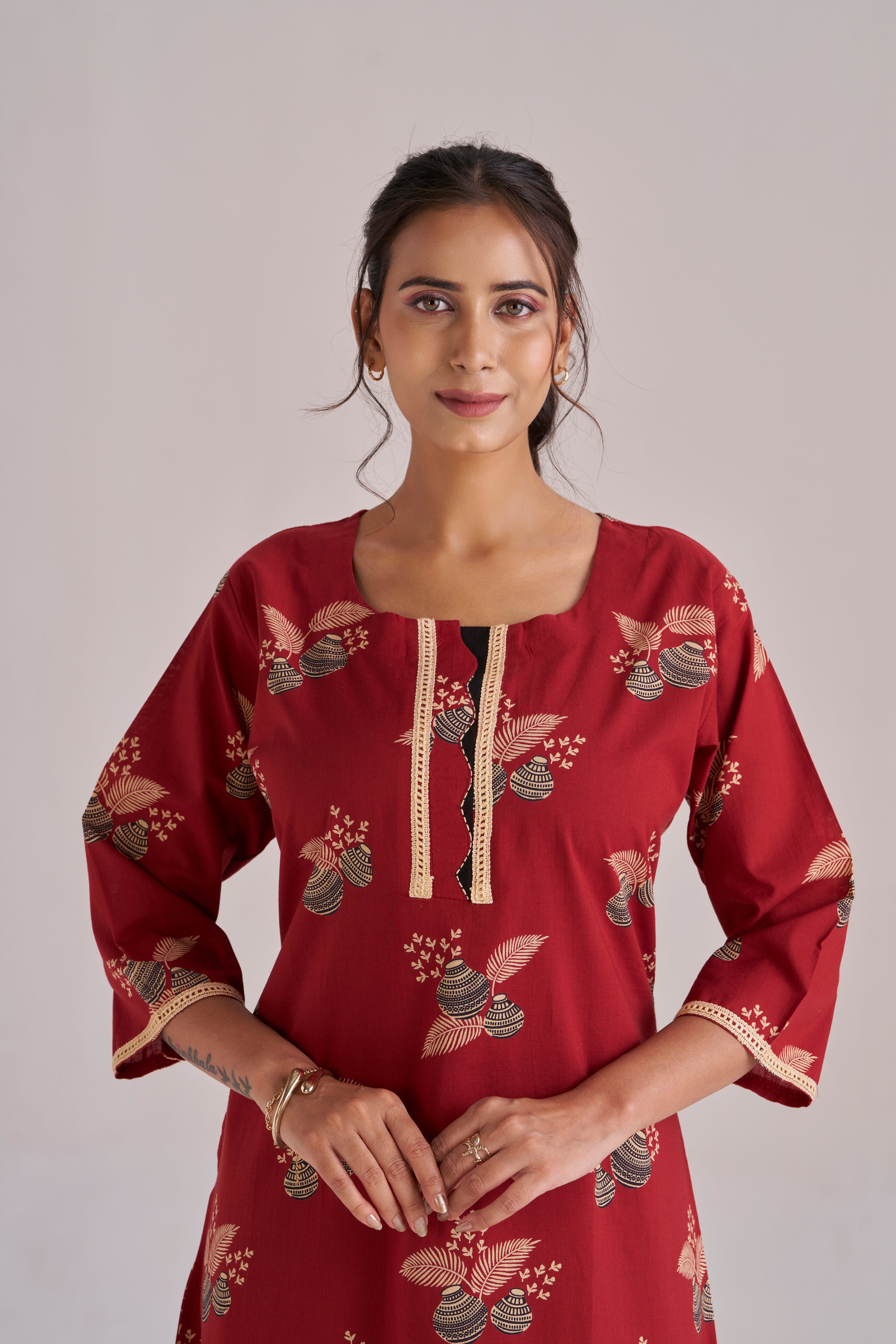 Cotton printed A-line lace trimmed midi kurta