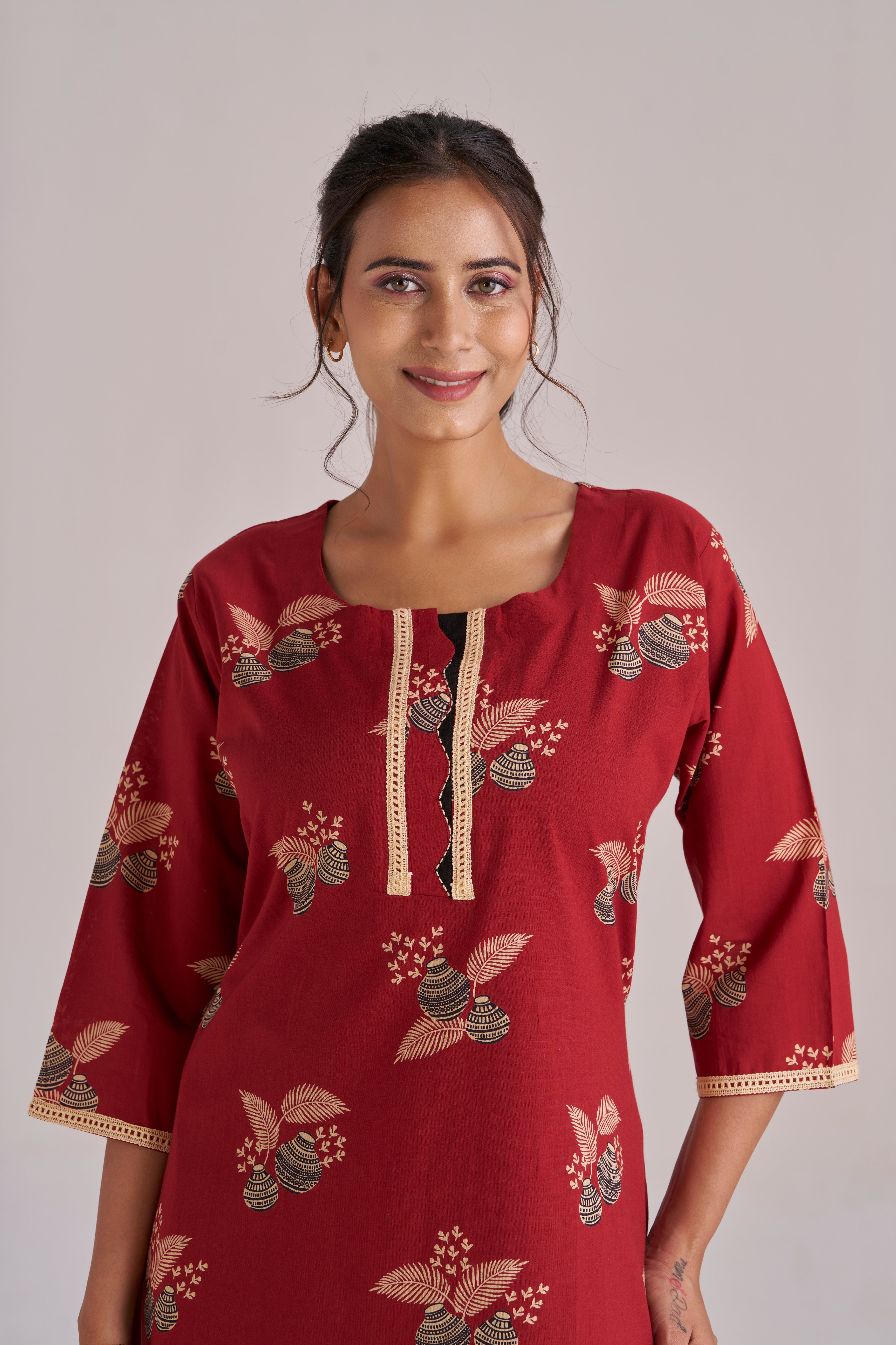 Cotton printed A-line lace trimmed midi kurta