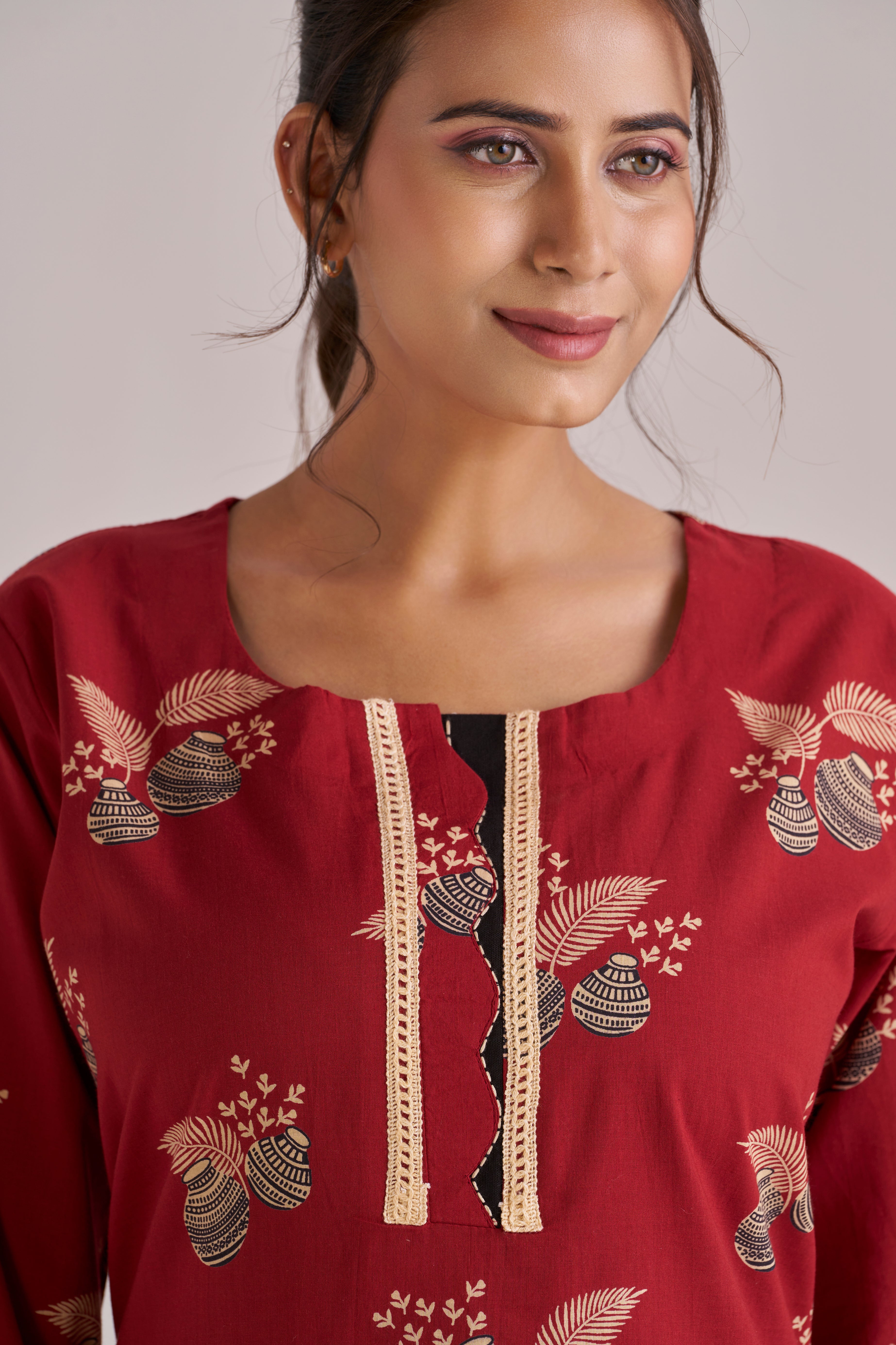 Cotton printed A-line lace trimmed midi kurta