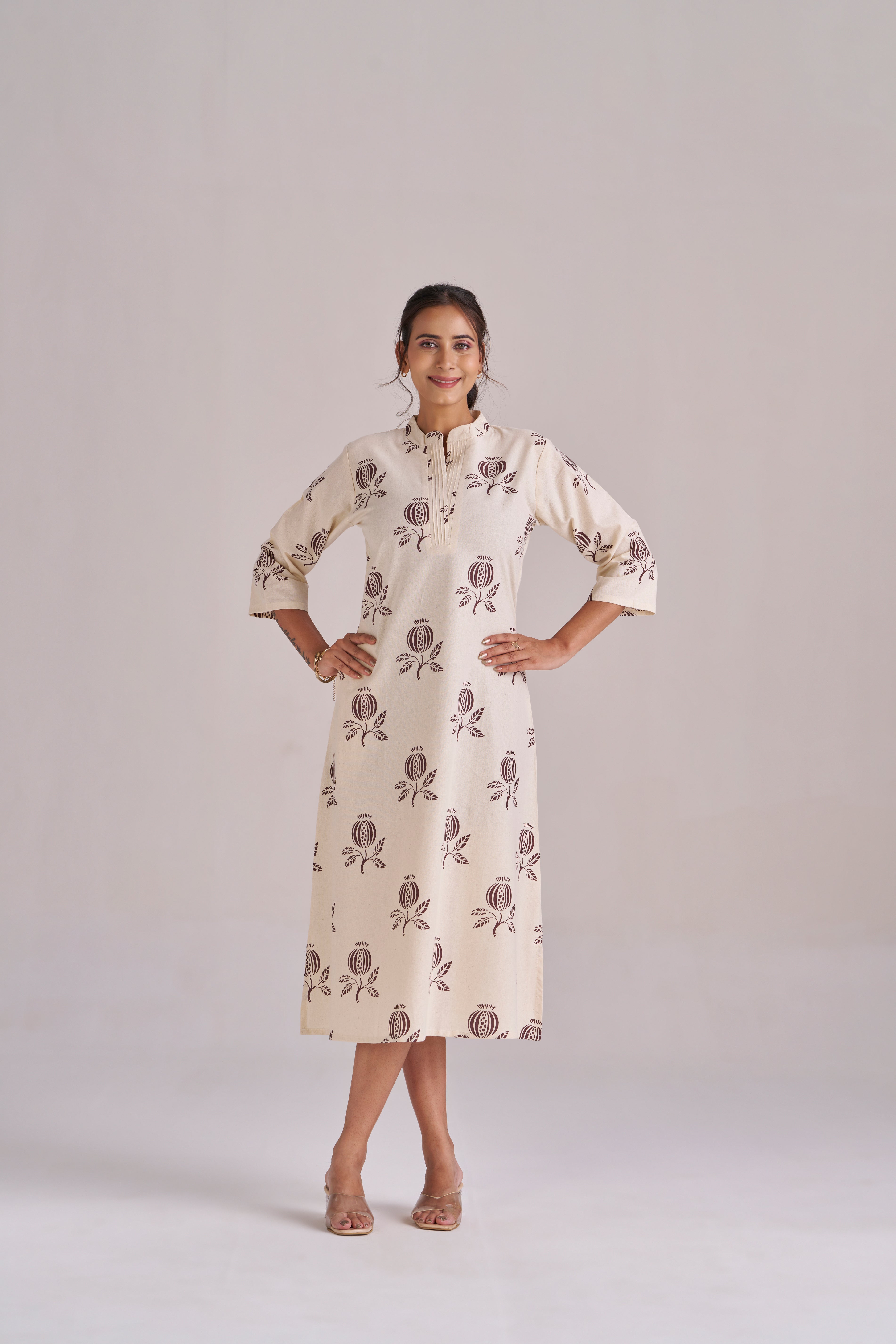 Anar printed in brown cotton midi dress