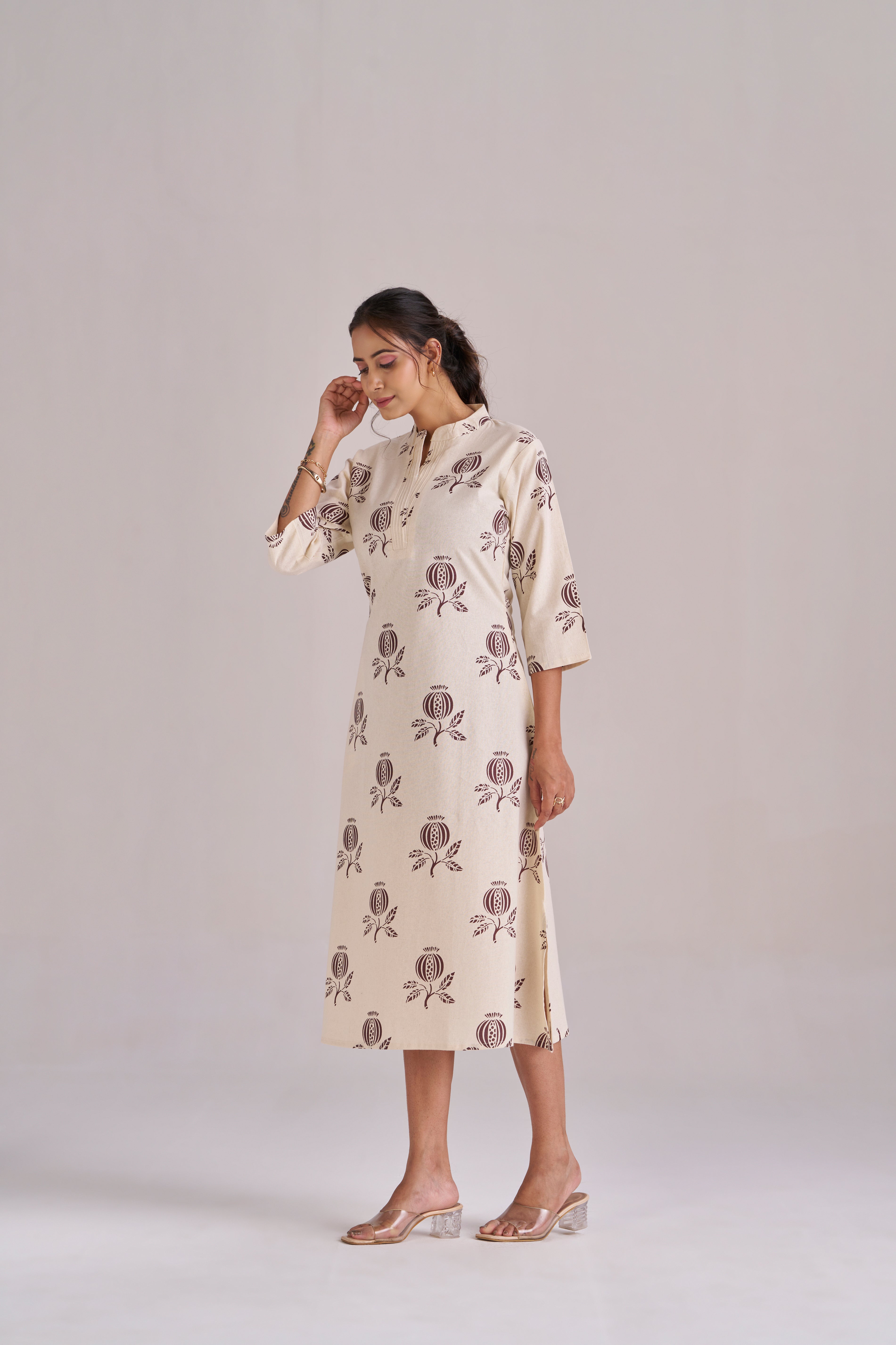 Anar printed in brown cotton midi dress