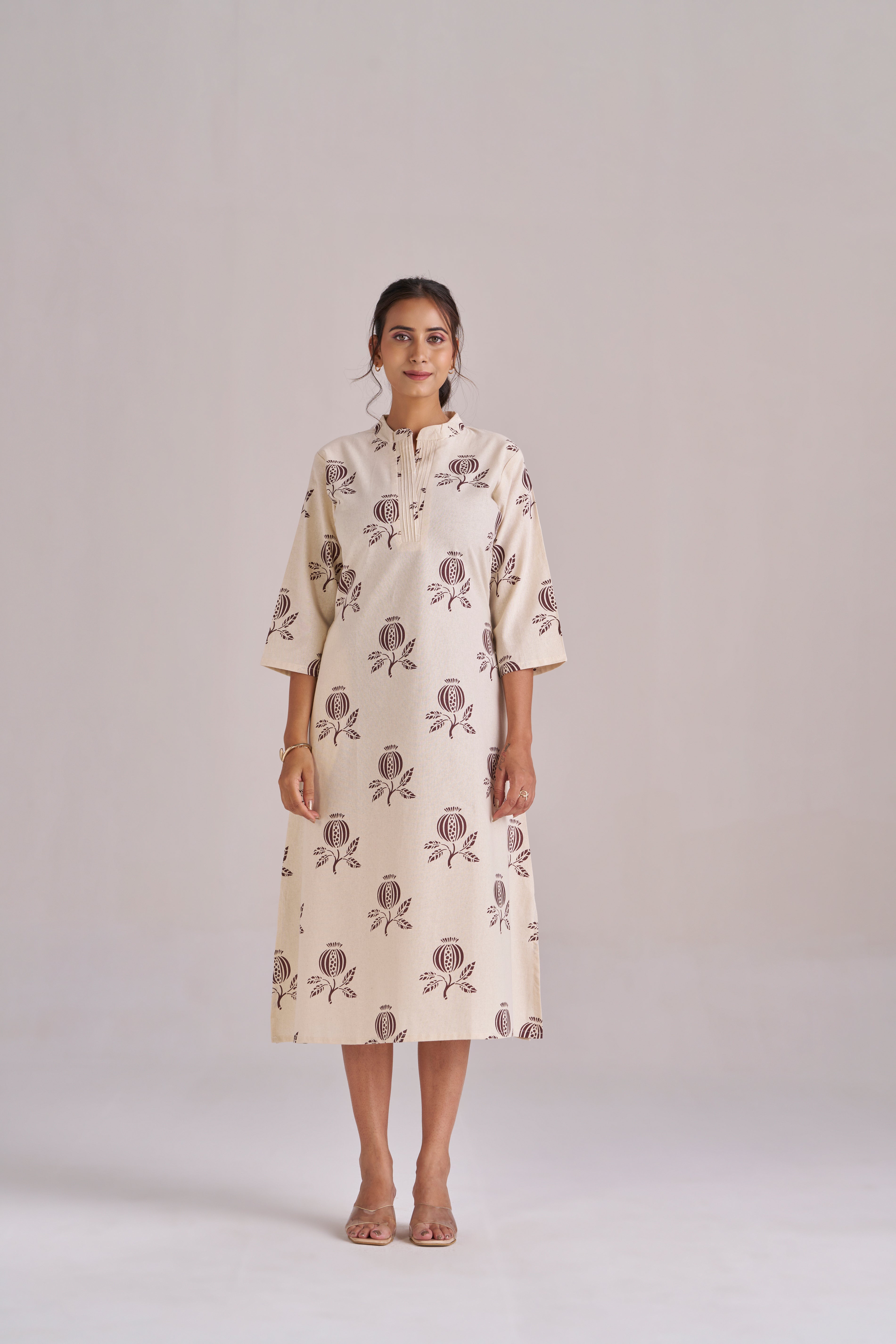Anar printed in brown cotton midi dress