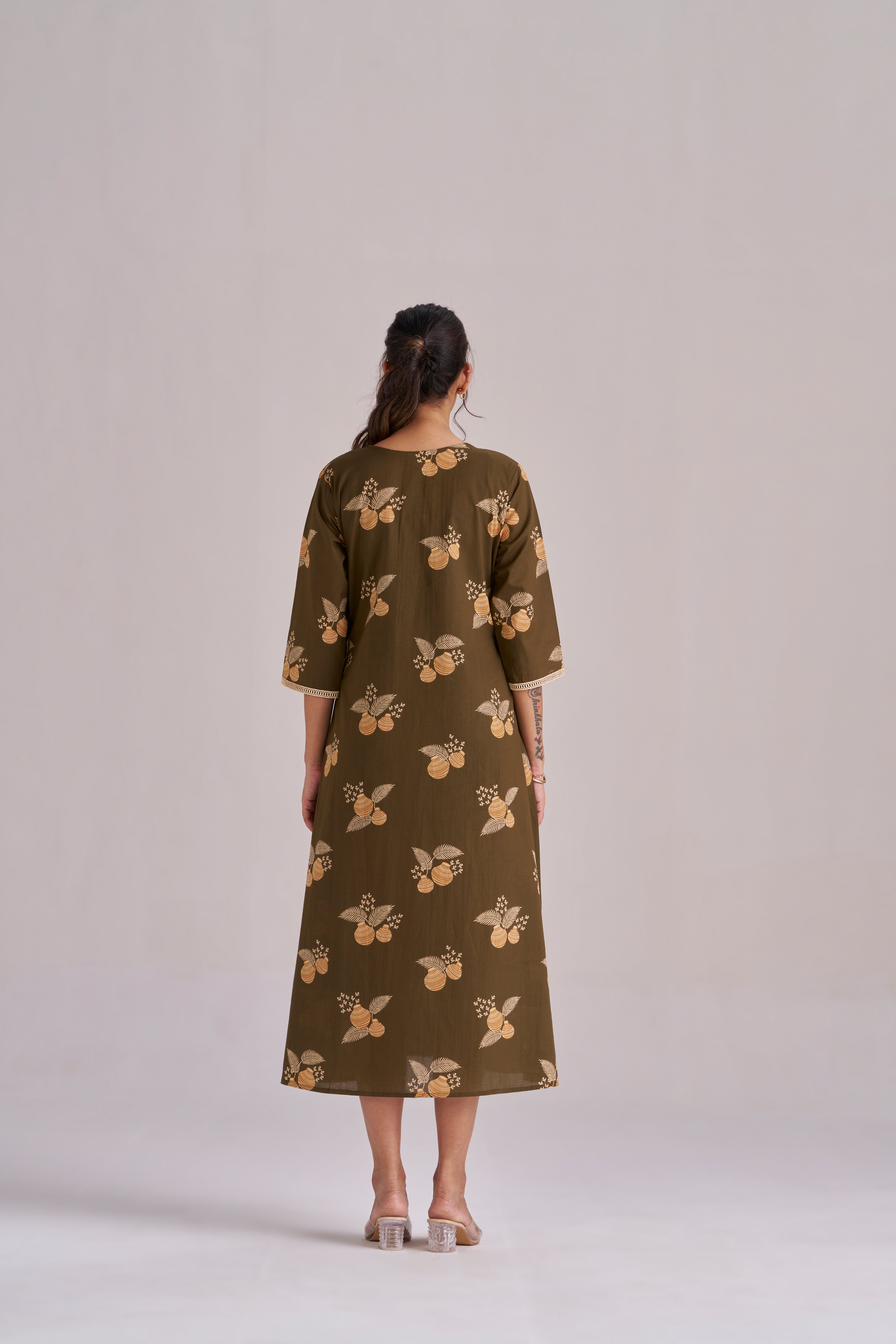 MATKA PRINT IN MEHENDI A-LINE MIDI KURTA
