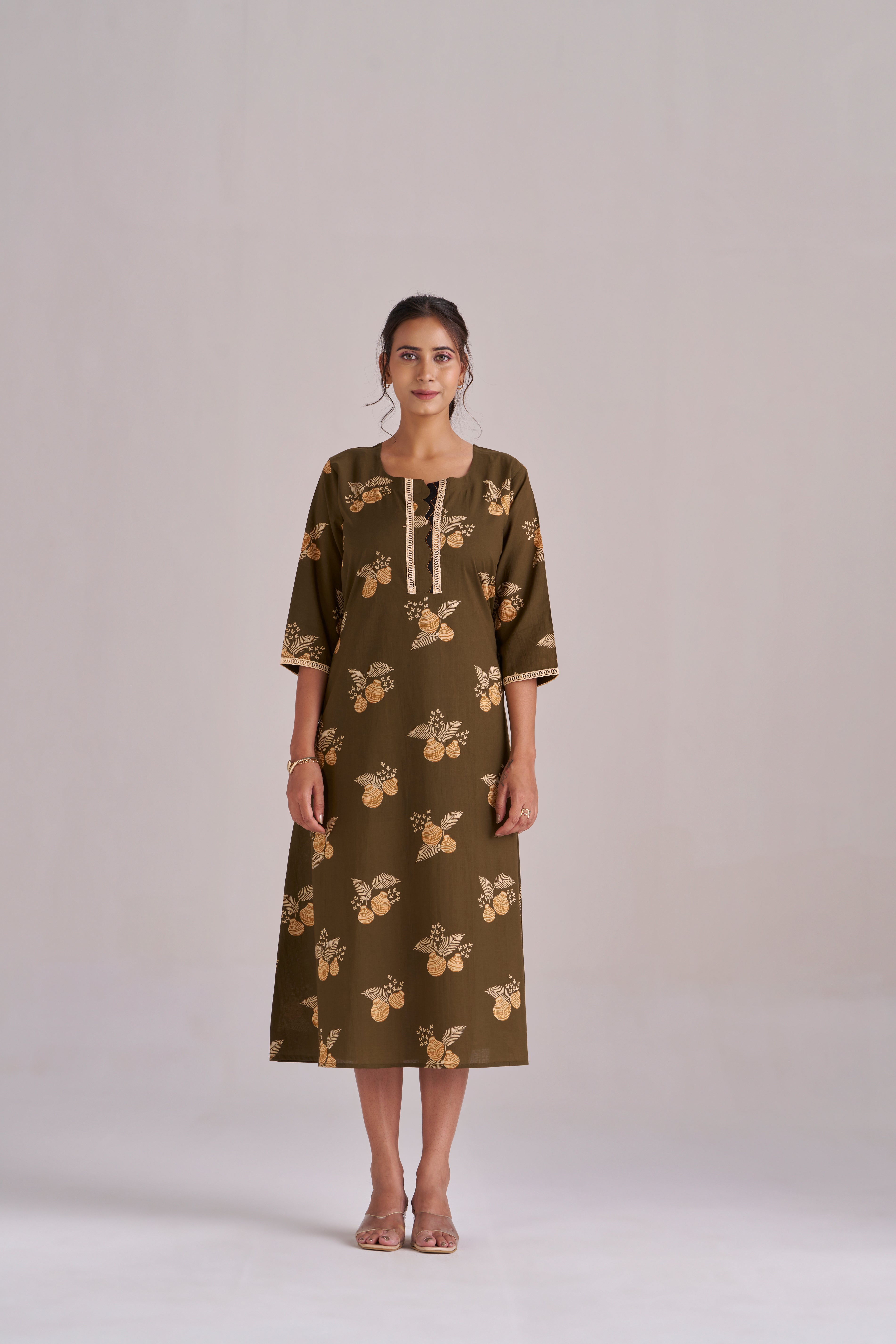 MATKA PRINT IN MEHENDI A-LINE MIDI KURTA