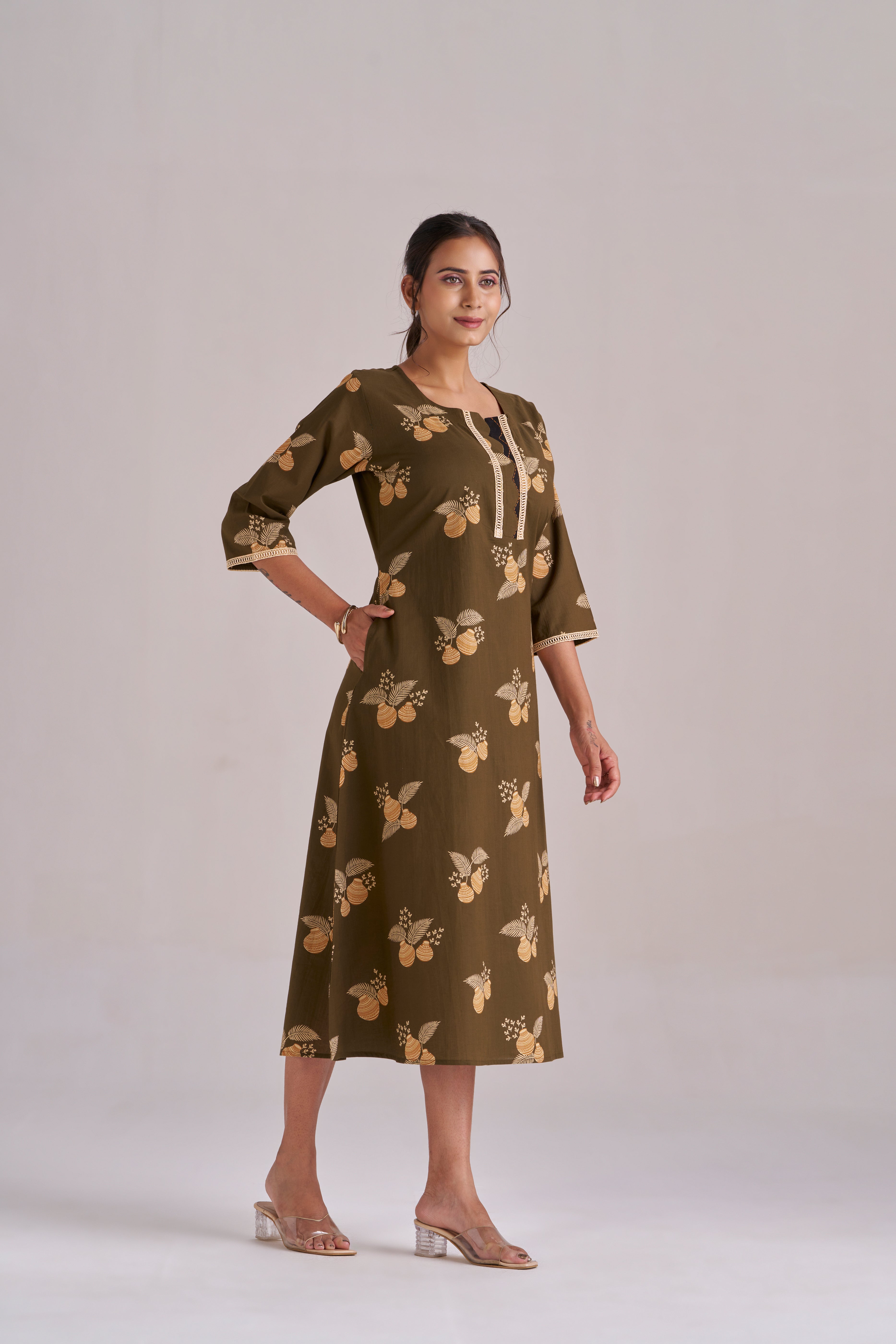 MATKA PRINT IN MEHENDI A-LINE MIDI KURTA