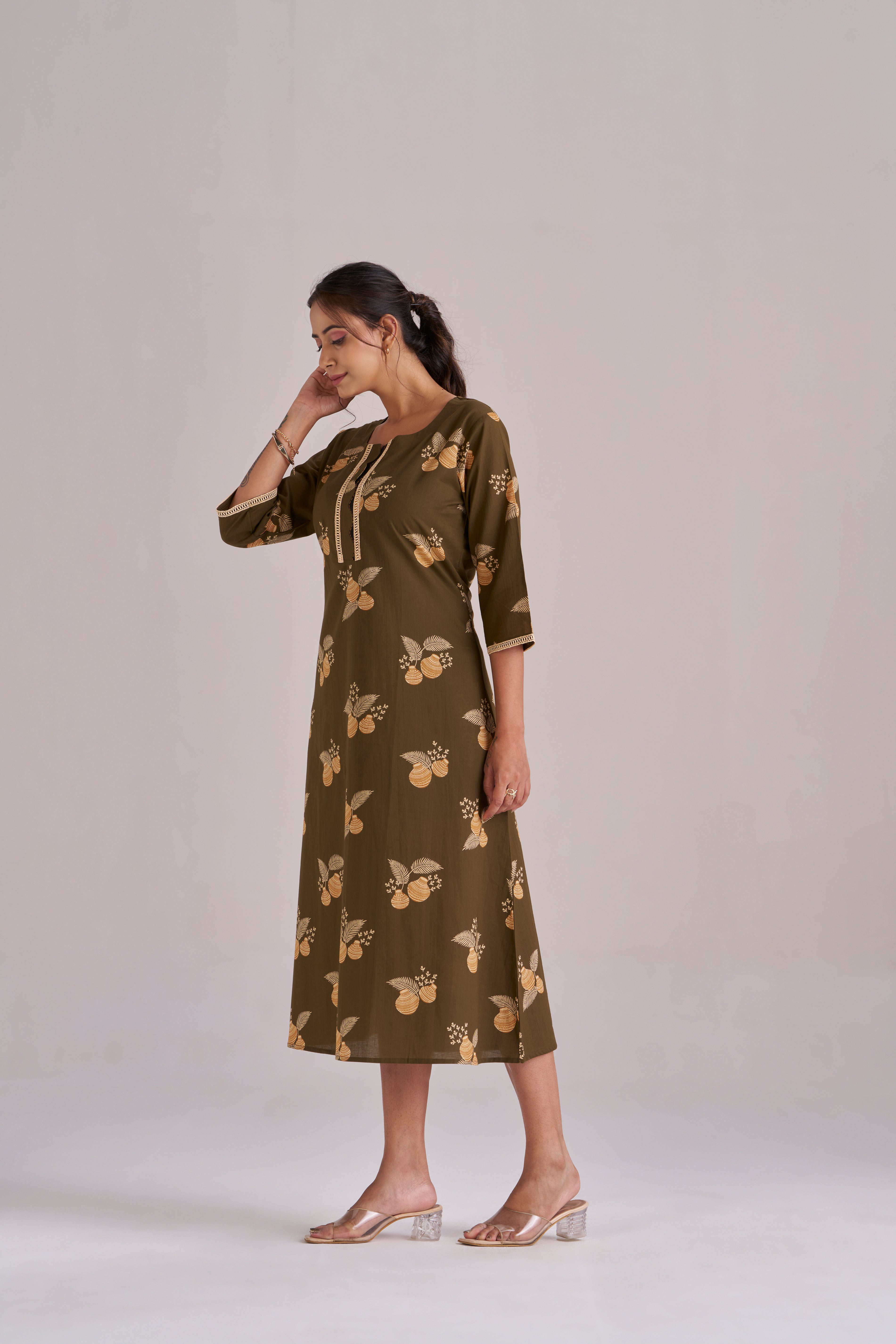 MATKA PRINT IN MEHENDI A-LINE MIDI KURTA