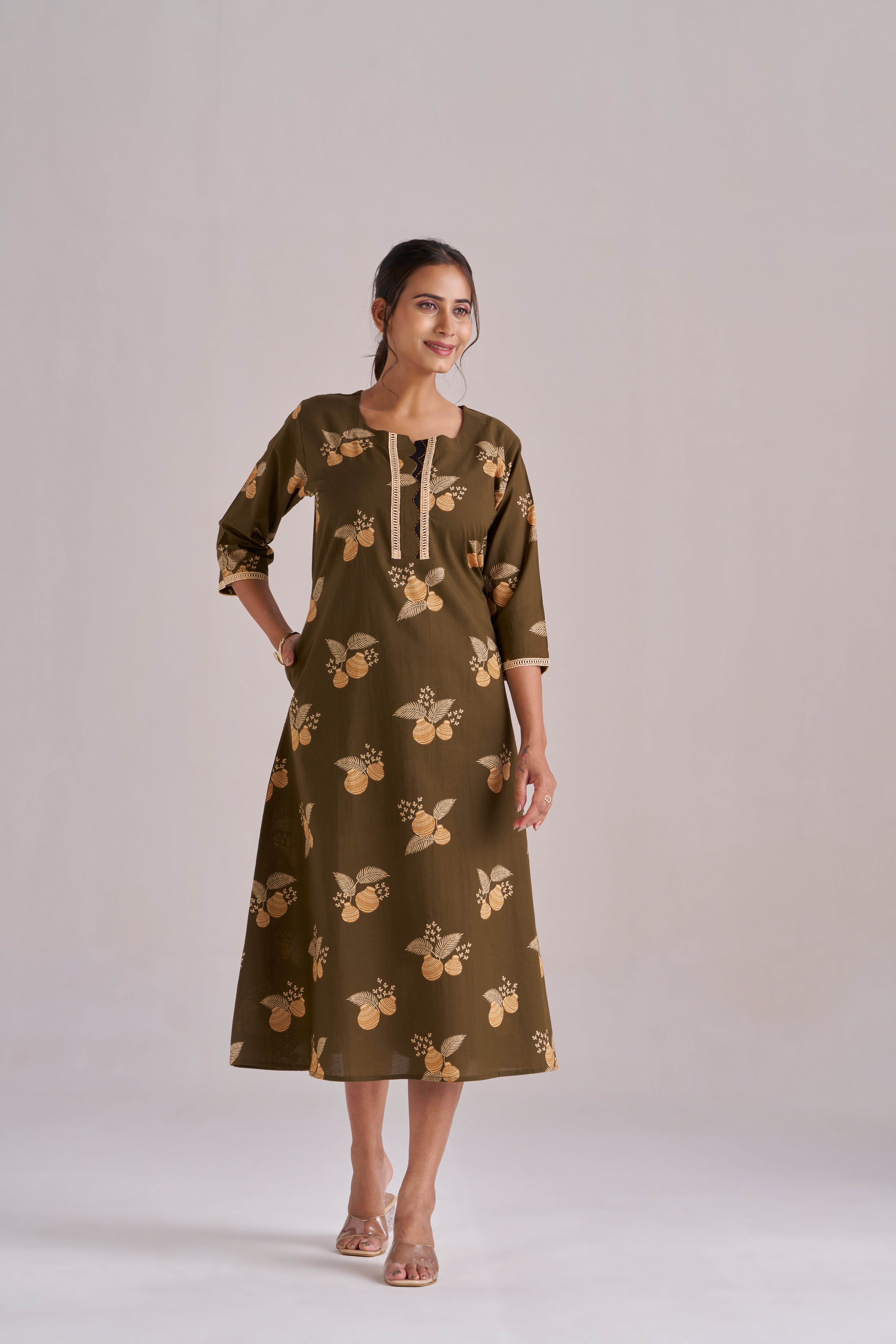 MATKA PRINT IN MEHENDI A-LINE MIDI KURTA