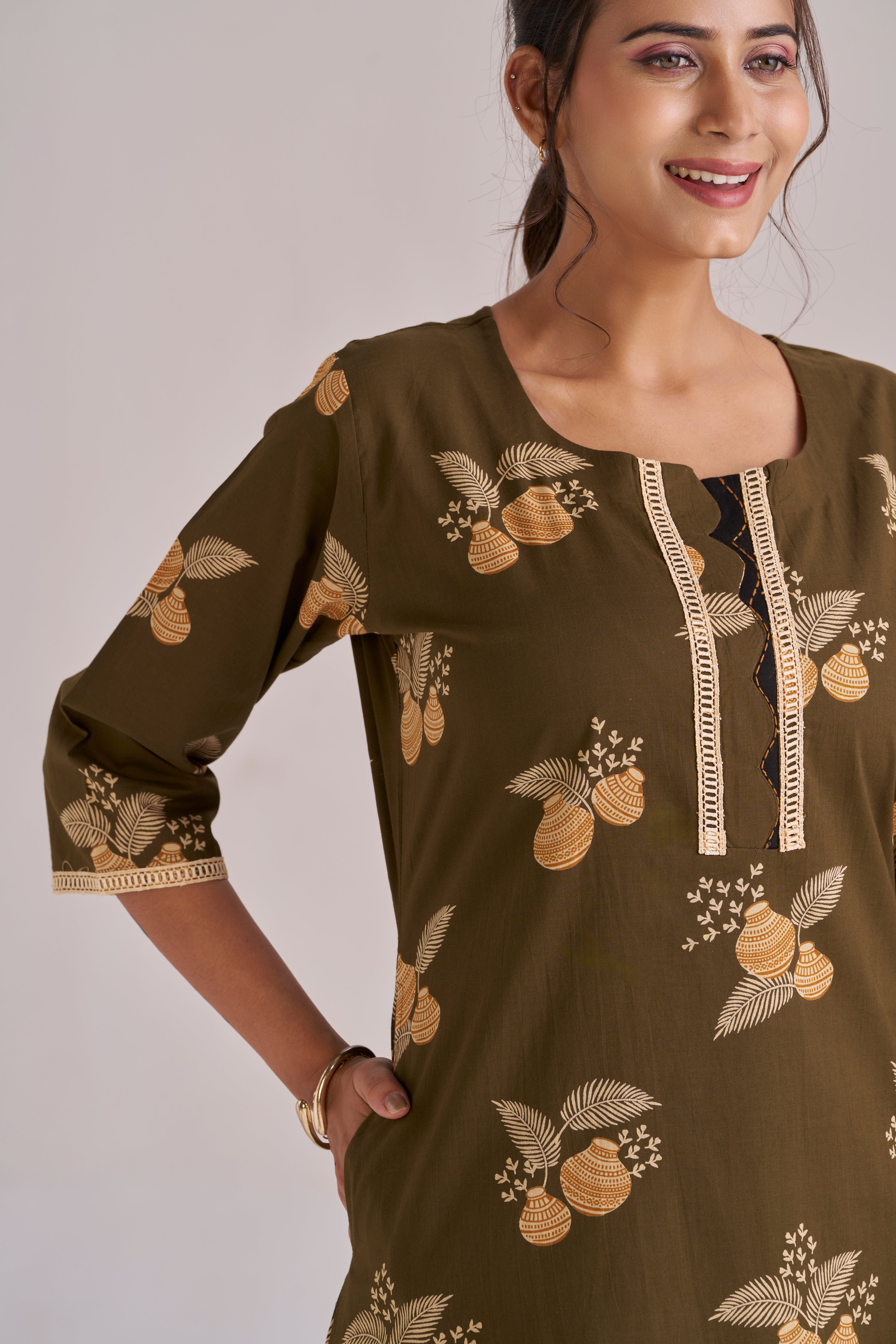 MATKA PRINT IN MEHENDI A-LINE MIDI KURTA