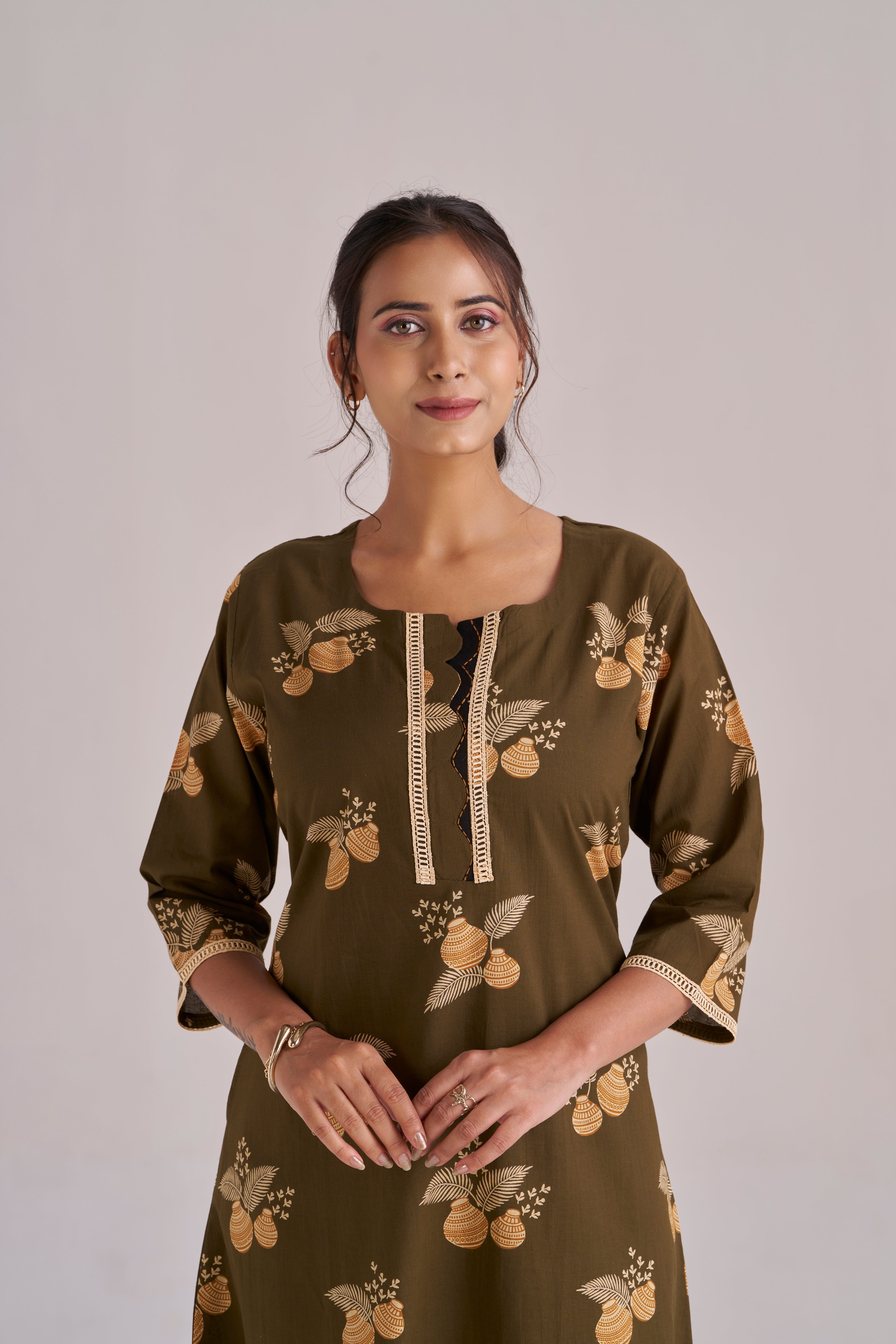 MATKA PRINT IN MEHENDI A-LINE MIDI KURTA