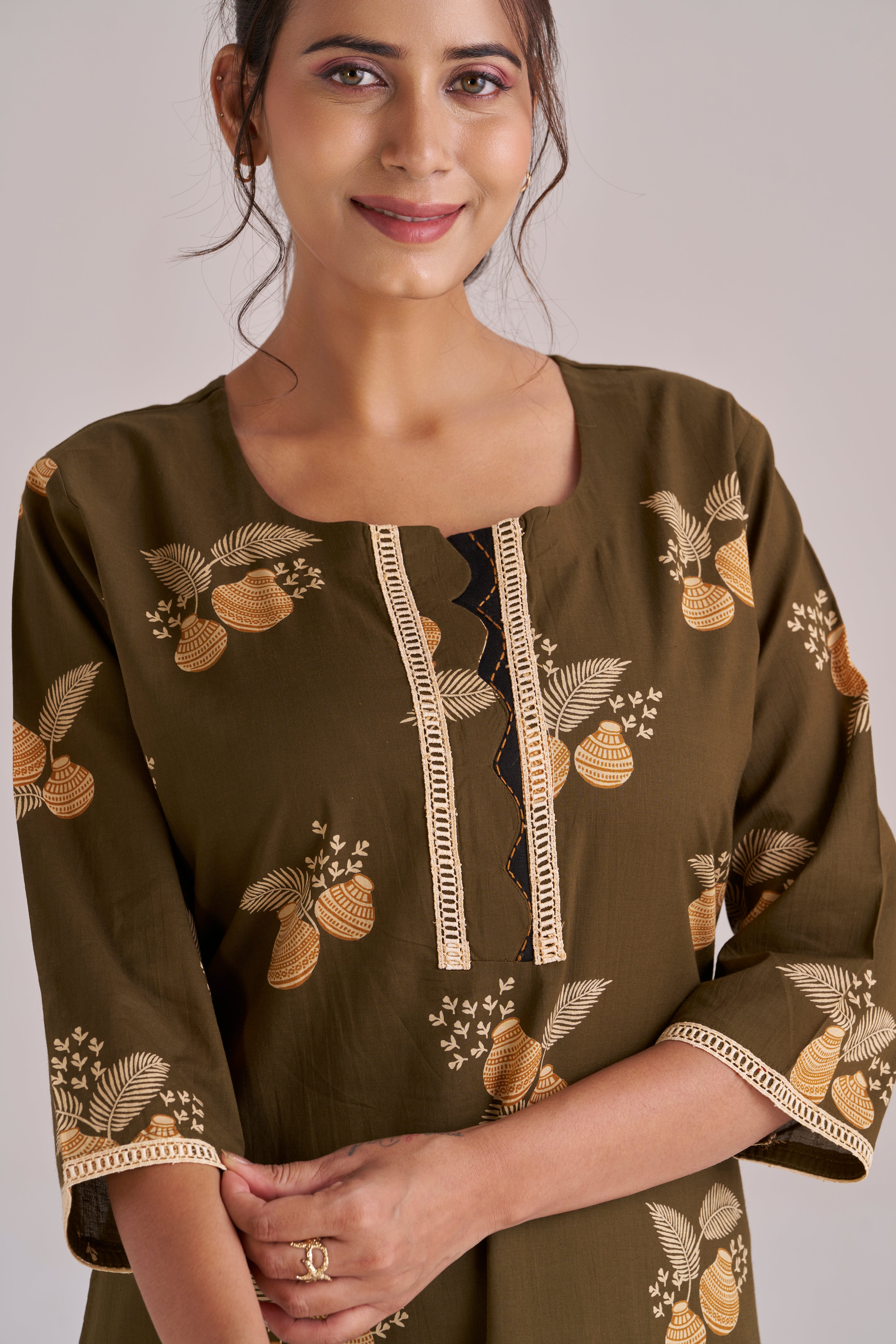 MATKA PRINT IN MEHENDI A-LINE MIDI KURTA