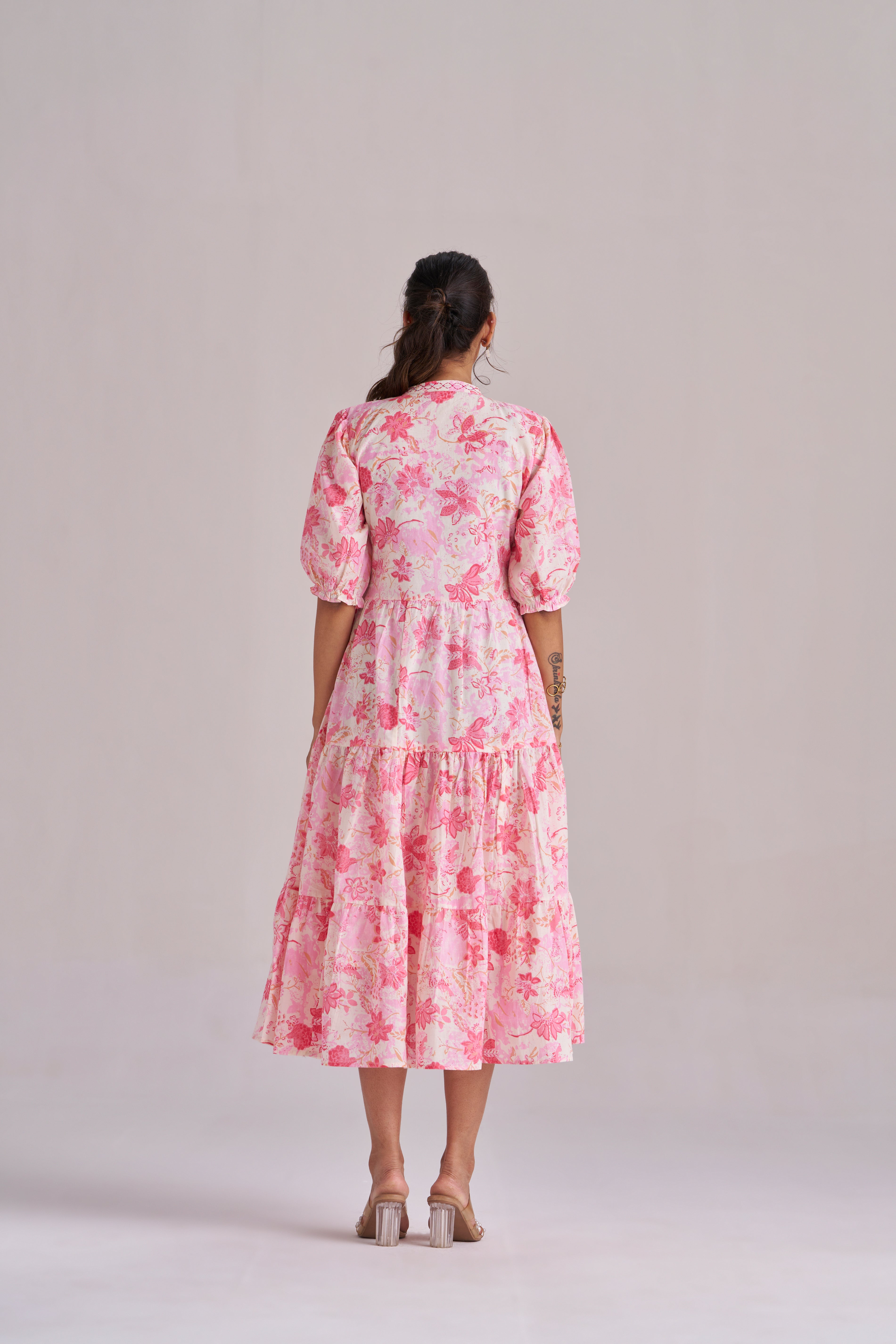 Rose pink blush bloom cotton tiered midi dress with puff sleeves