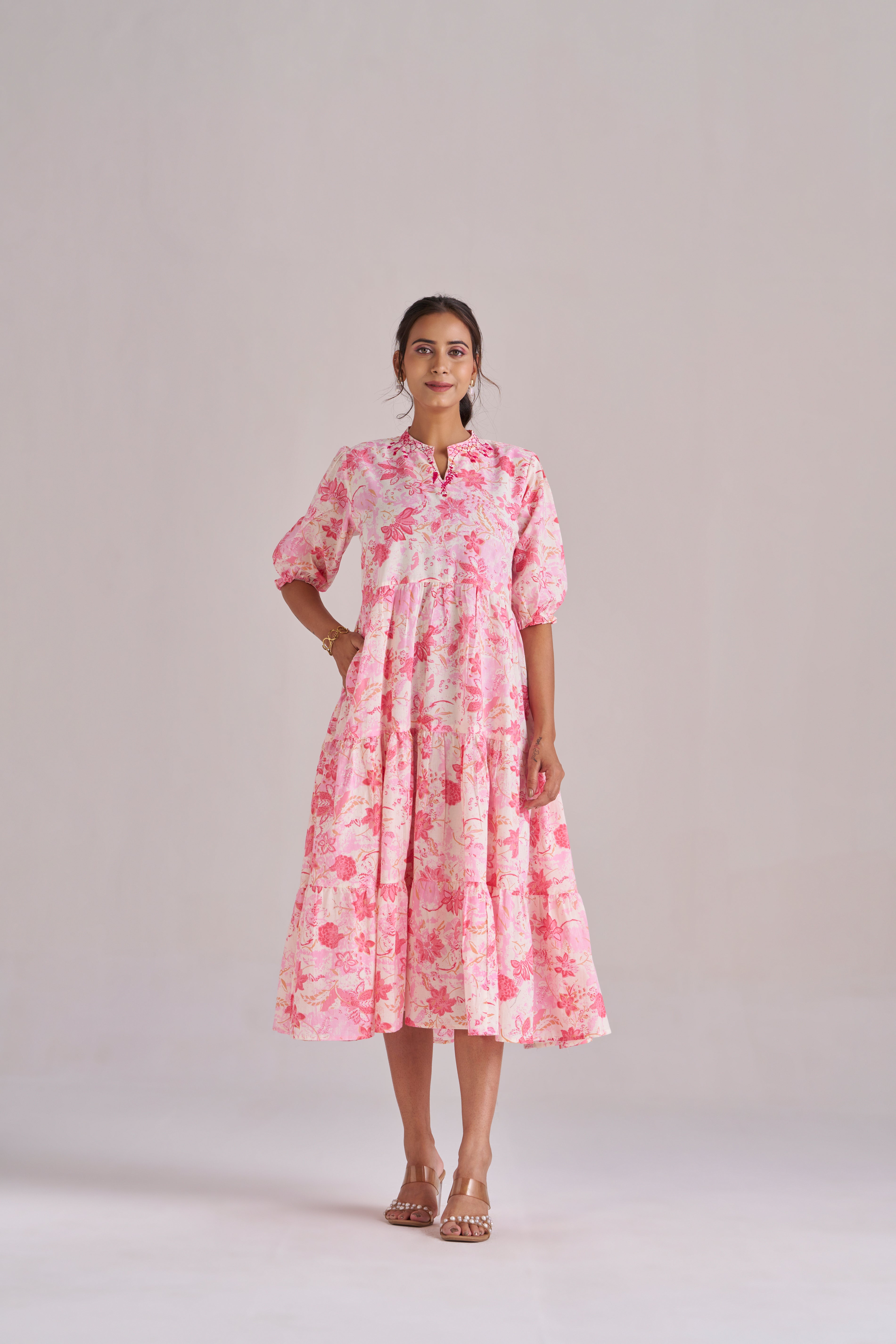 Rose pink blush bloom cotton tiered midi dress with puff sleeves