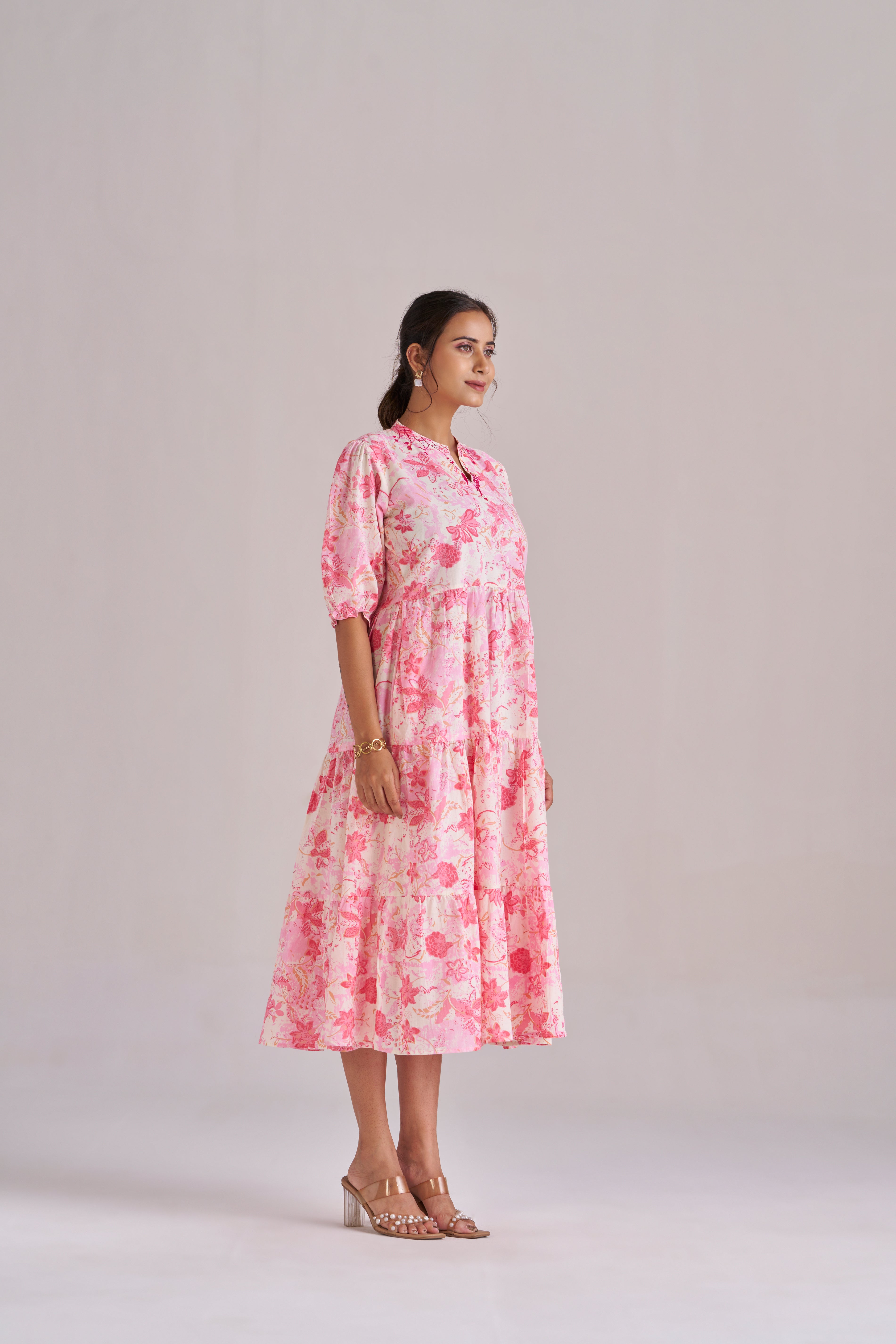 Rose pink blush bloom cotton tiered midi dress with puff sleeves
