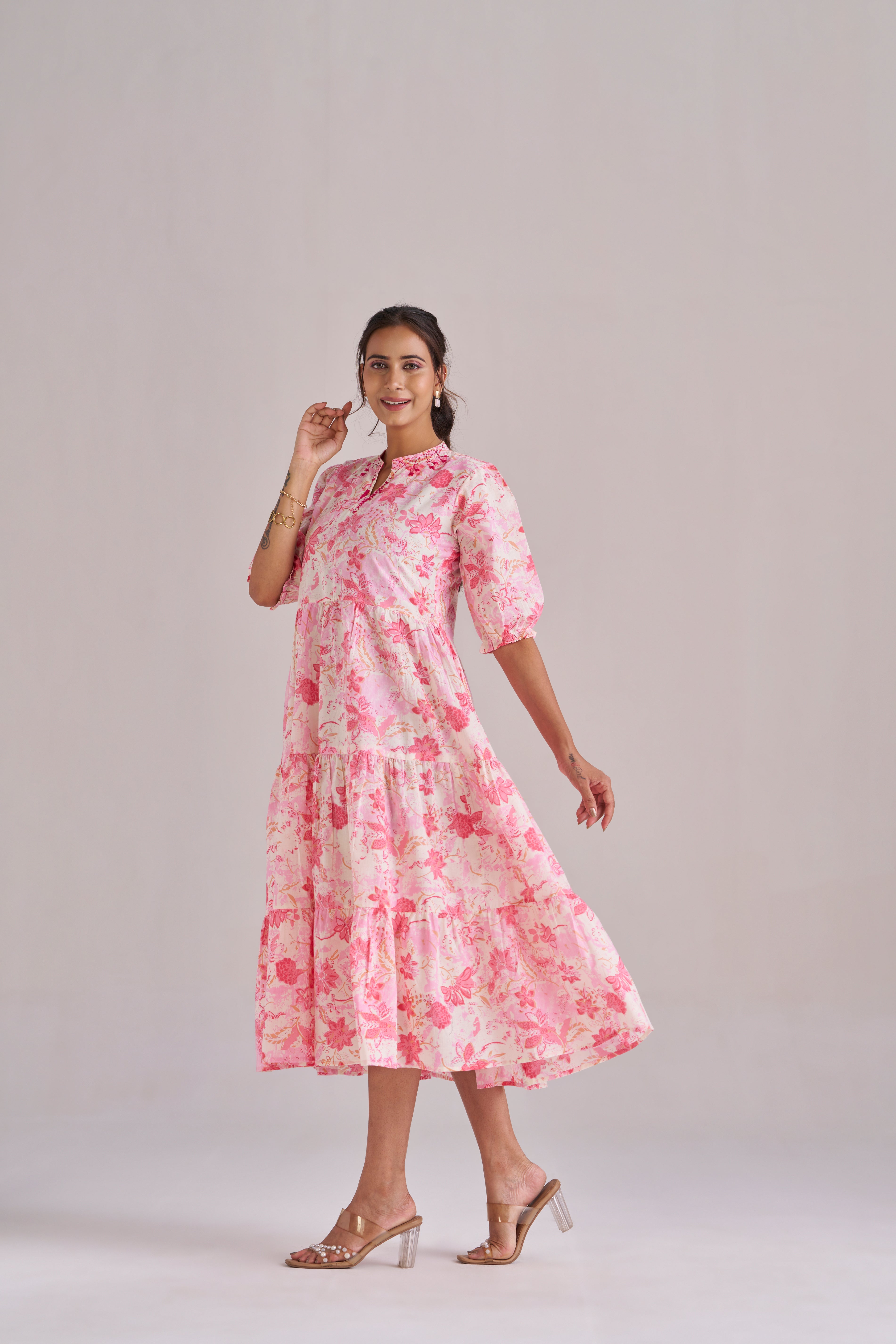 Rose pink blush bloom cotton tiered midi dress with puff sleeves