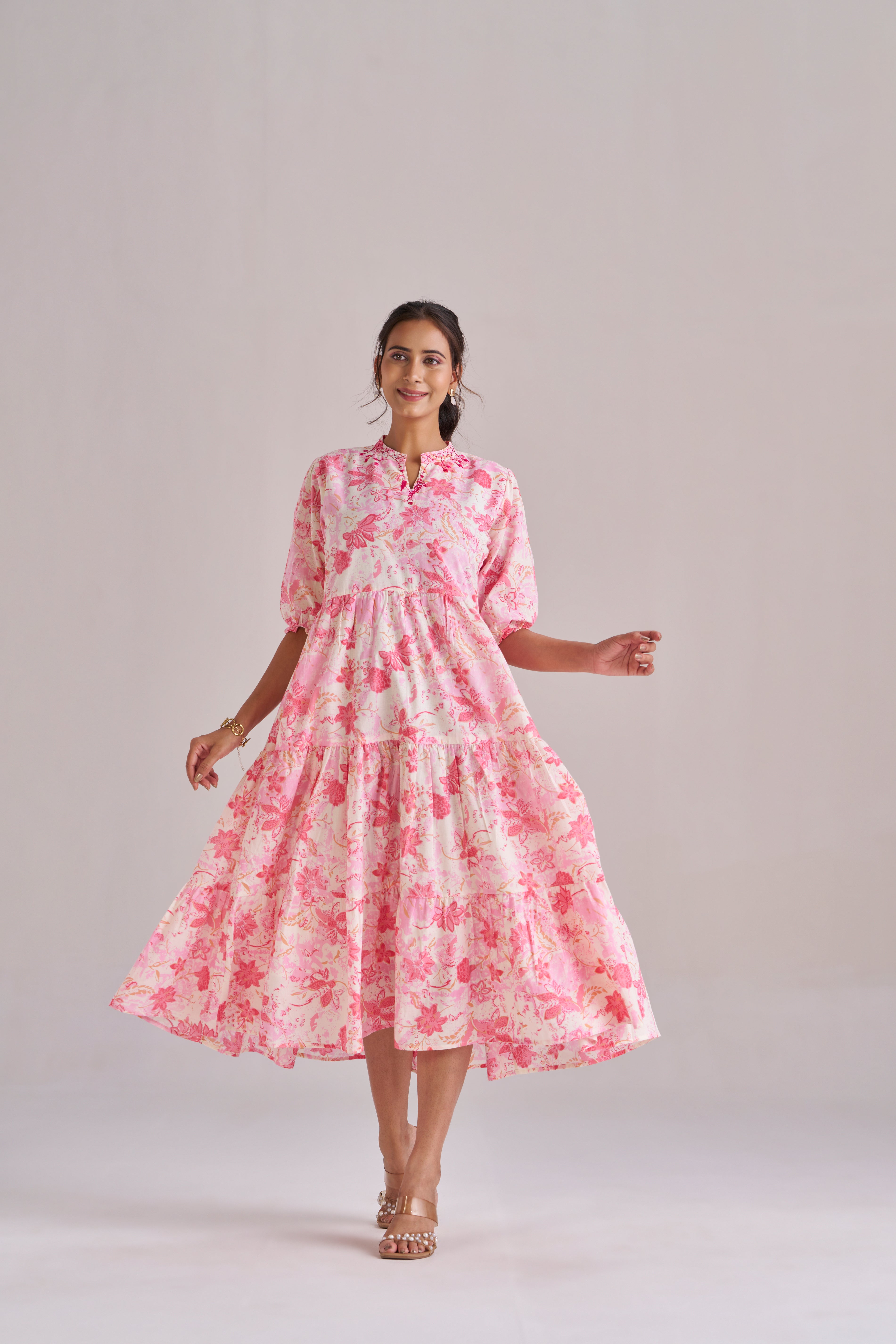 Rose pink blush bloom cotton tiered midi dress with puff sleeves