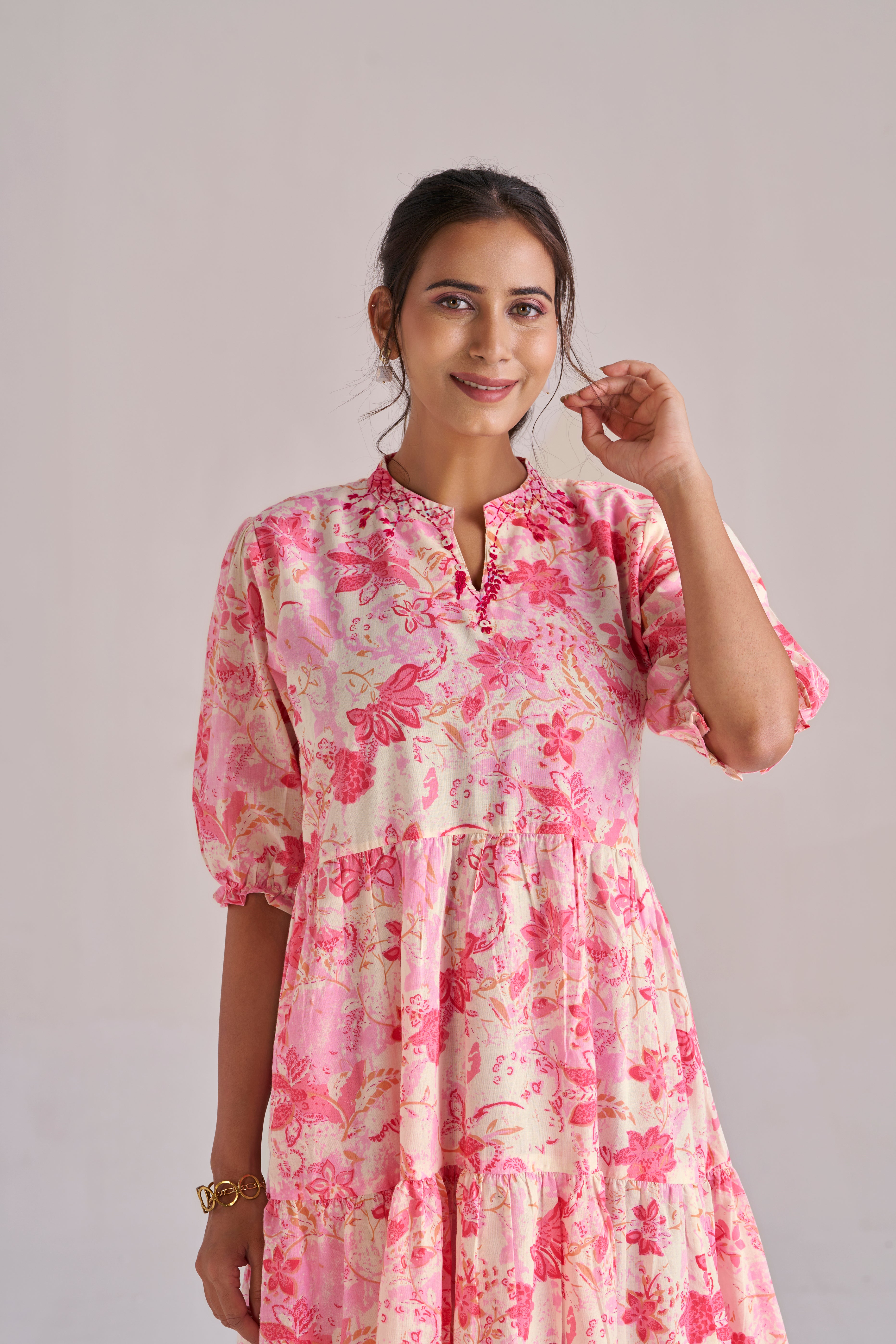 Rose pink blush bloom cotton tiered midi dress with puff sleeves