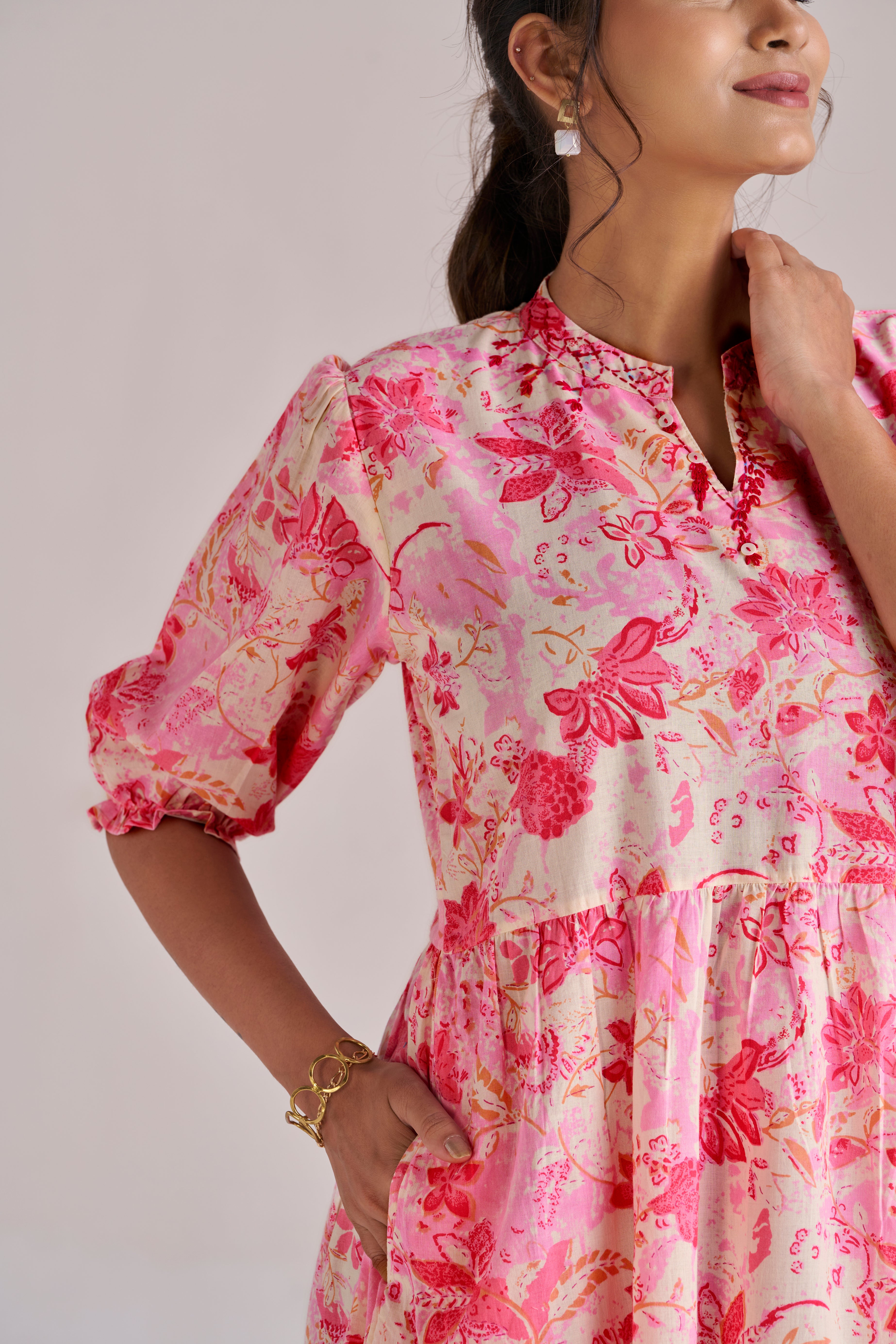 Rose pink blush bloom cotton tiered midi dress with puff sleeves