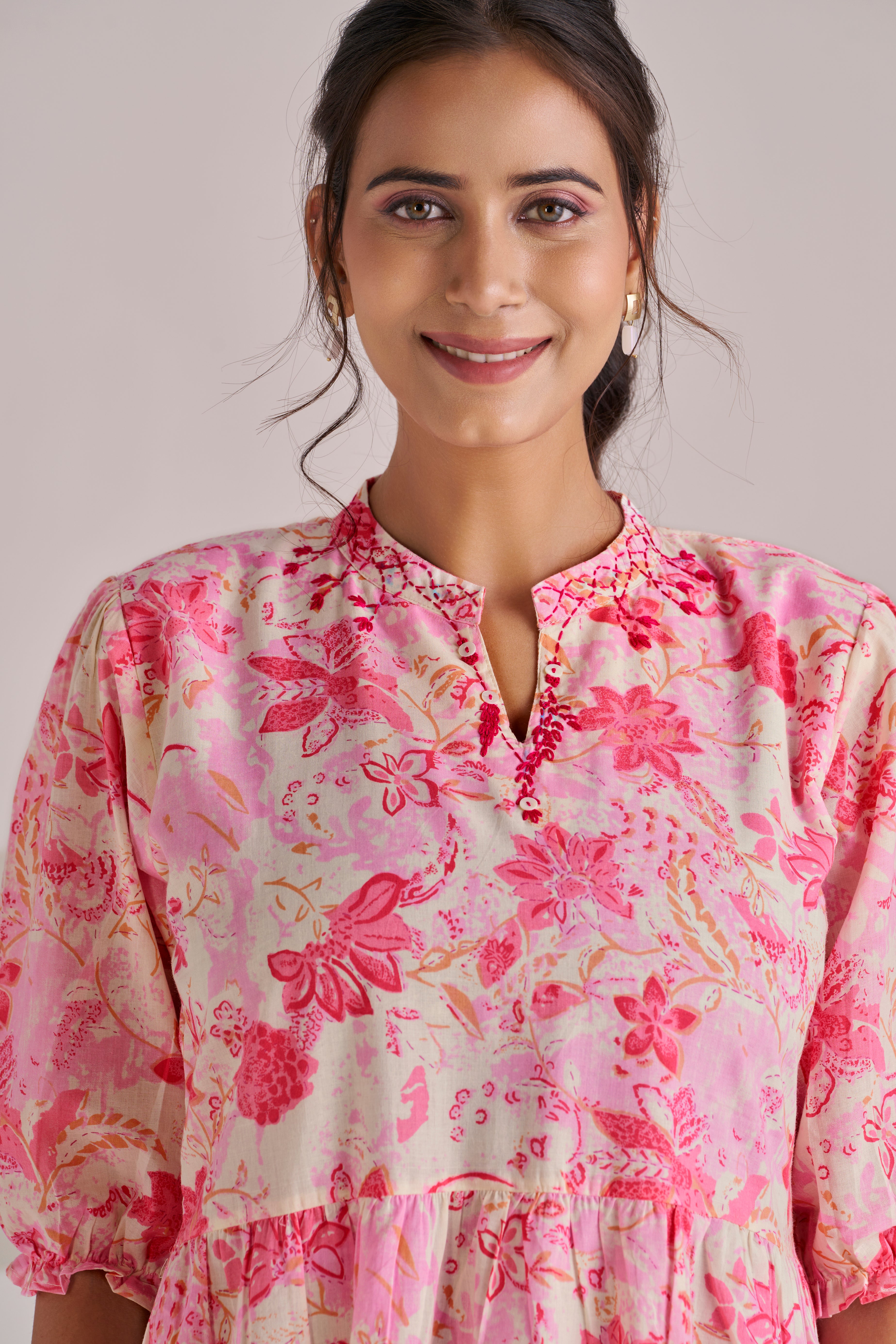 Rose pink blush bloom cotton tiered midi dress with puff sleeves