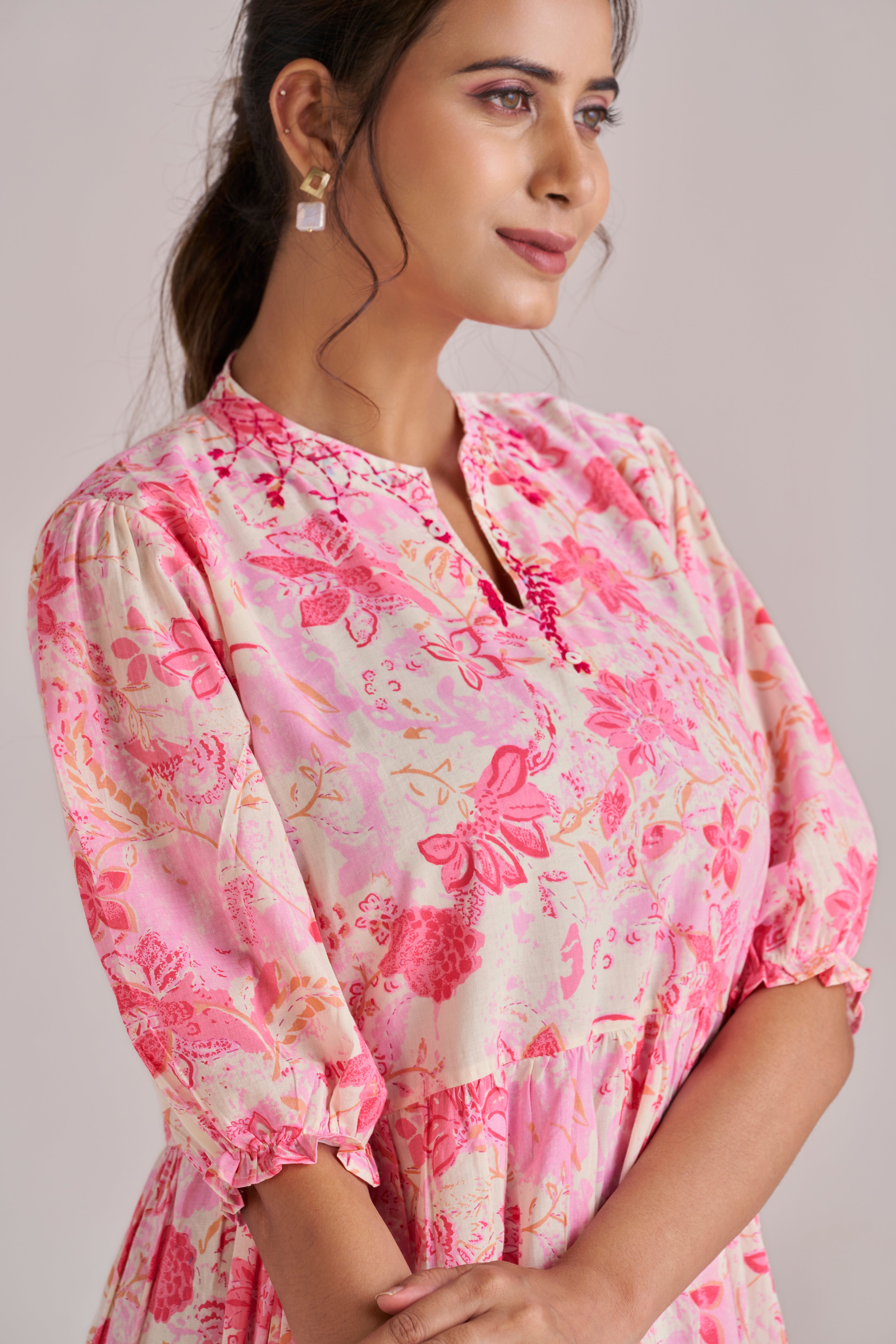 Rose pink blush bloom cotton tiered midi dress with puff sleeves