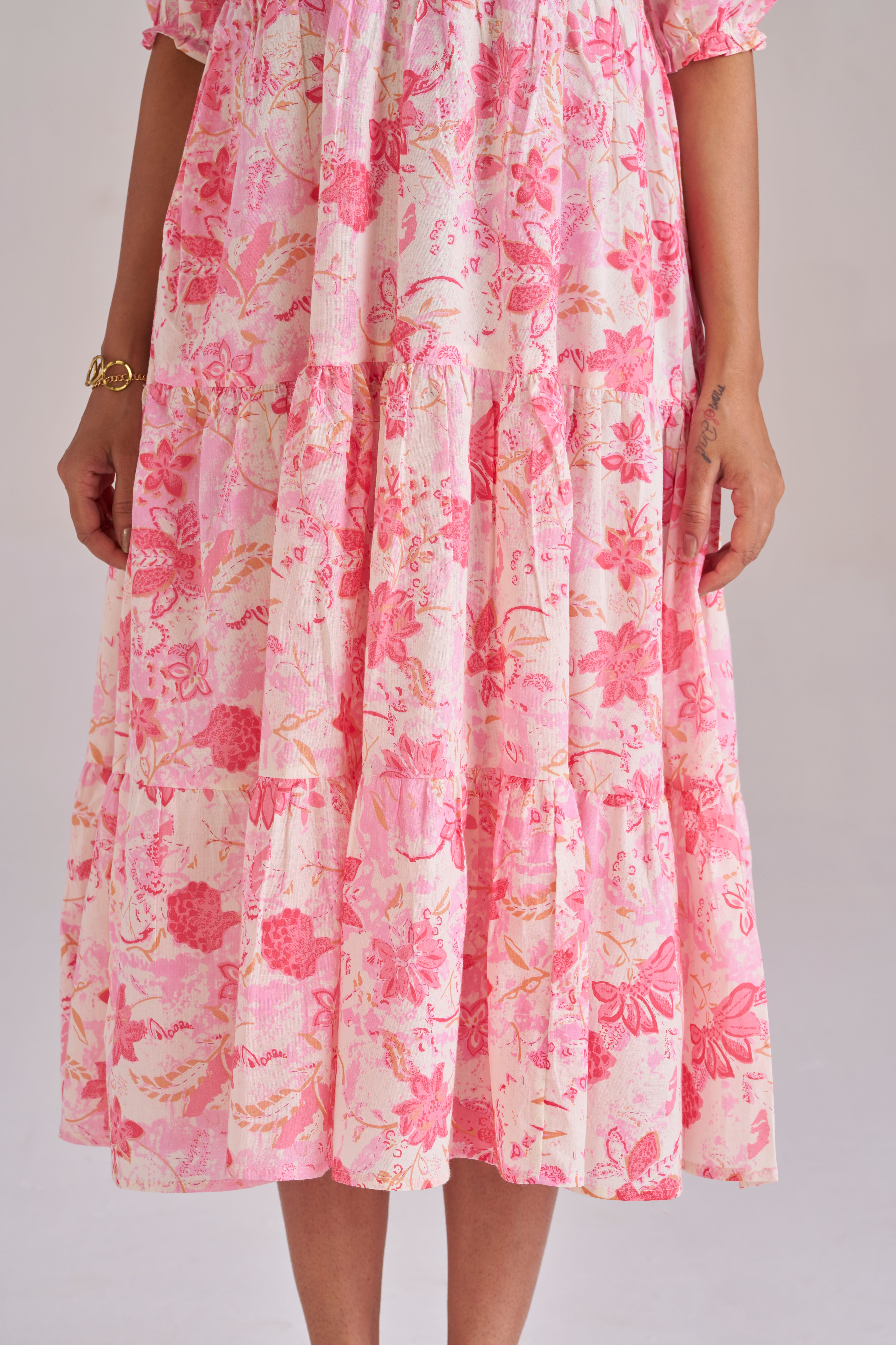 Rose pink blush bloom cotton tiered midi dress with puff sleeves