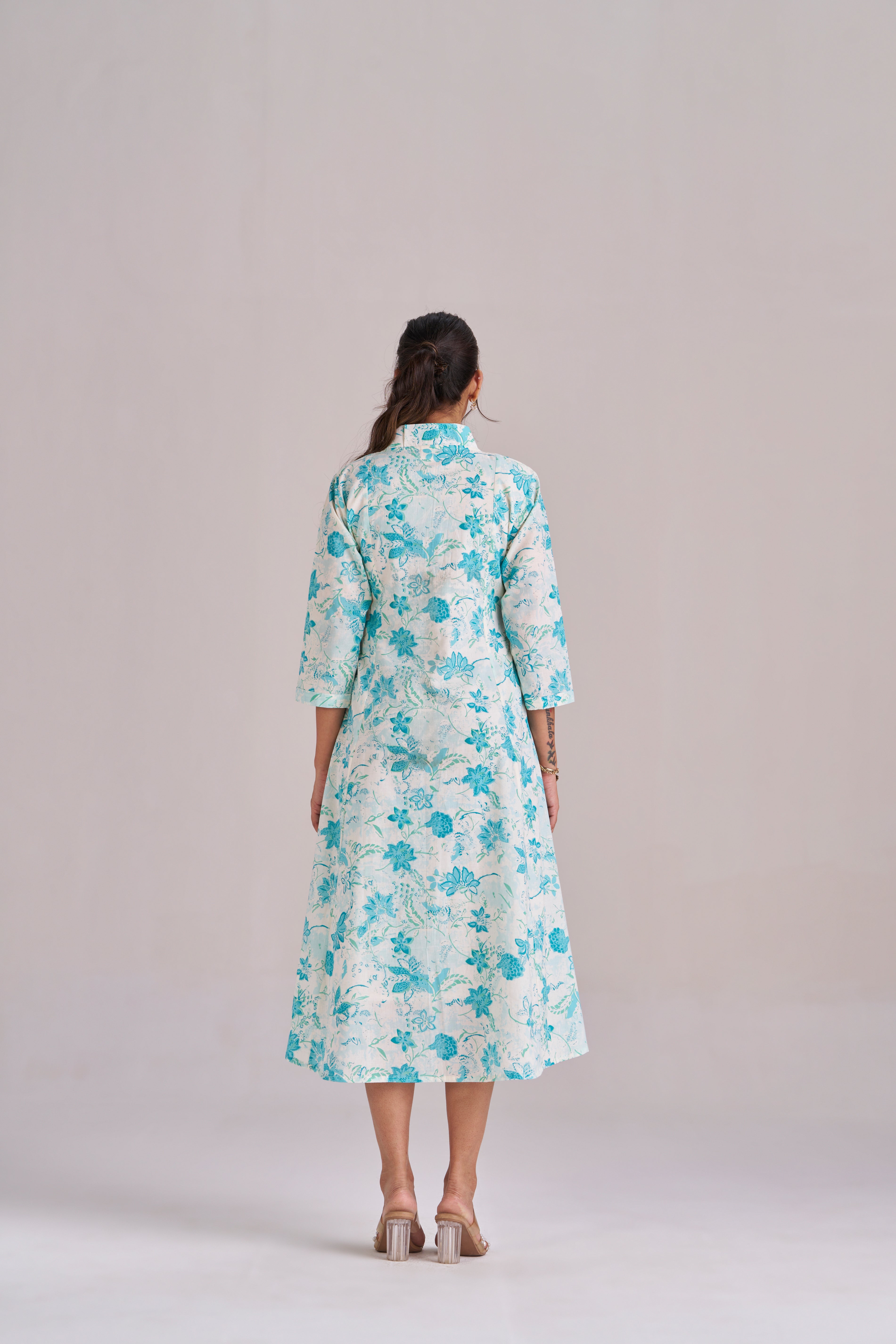 Azure blue floral petal printed cotton midi dress