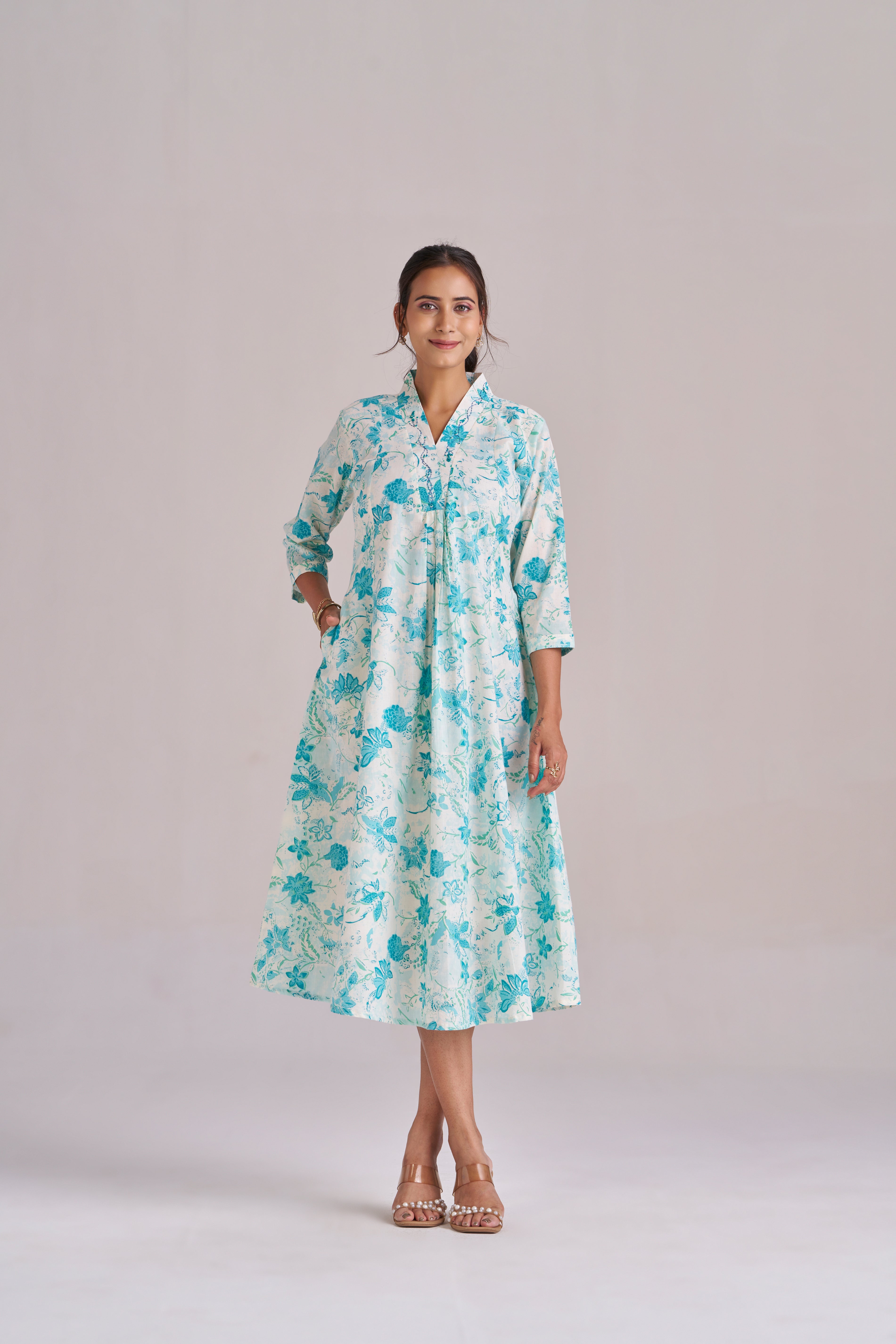 Azure blue floral petal printed cotton midi dress