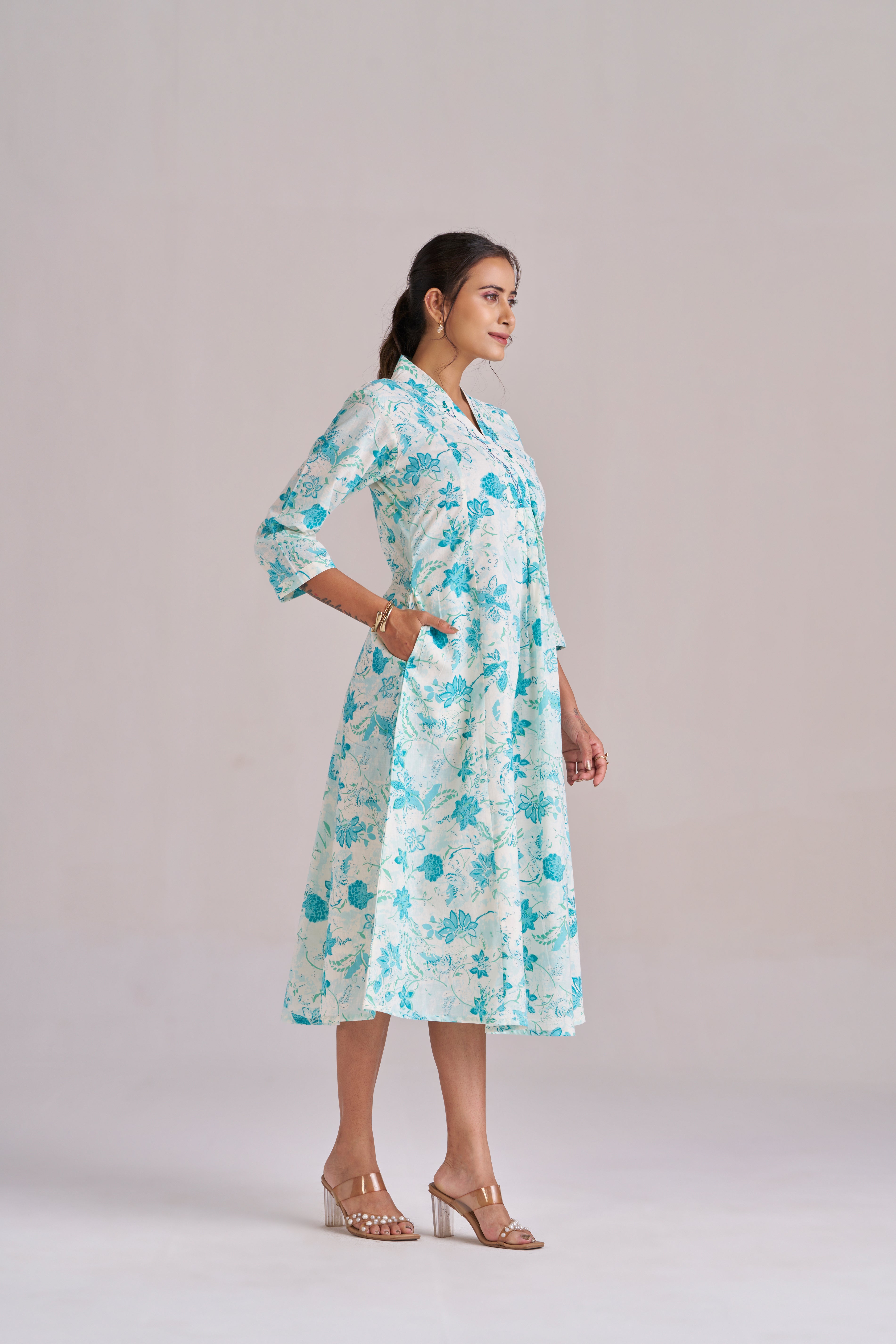 Azure blue floral petal printed cotton midi dress