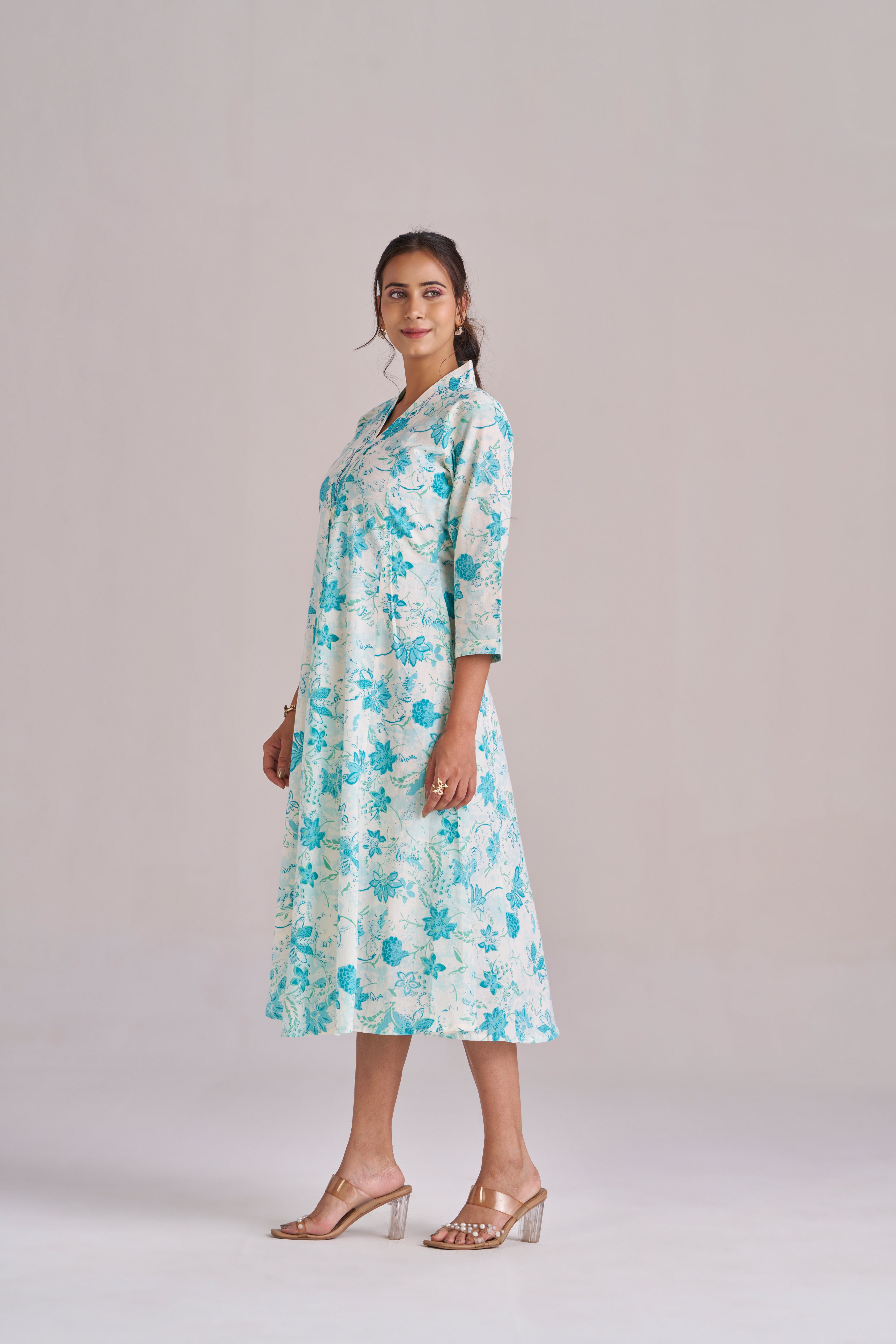 Azure blue floral petal printed cotton midi dress