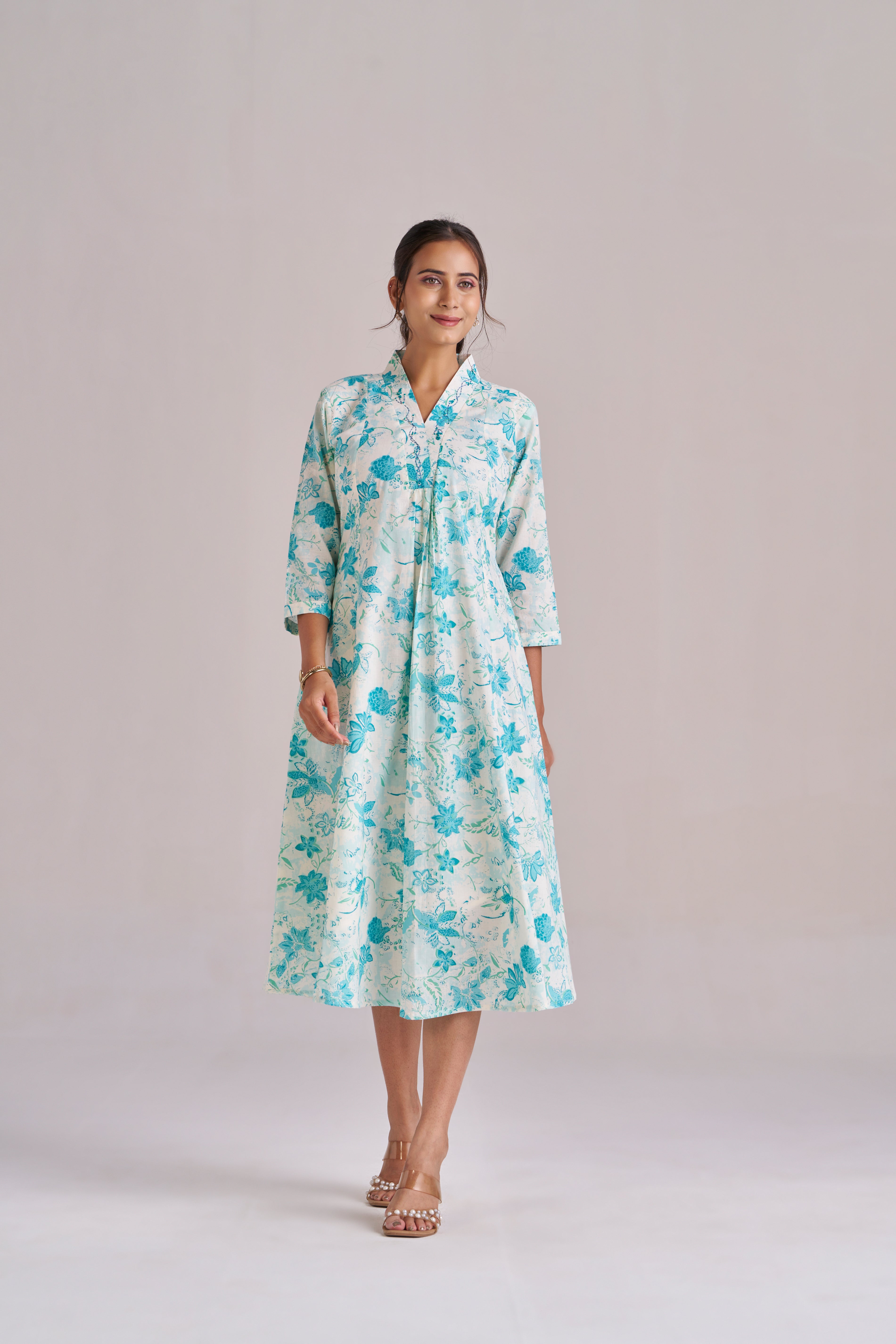 Azure blue floral petal printed cotton midi dress