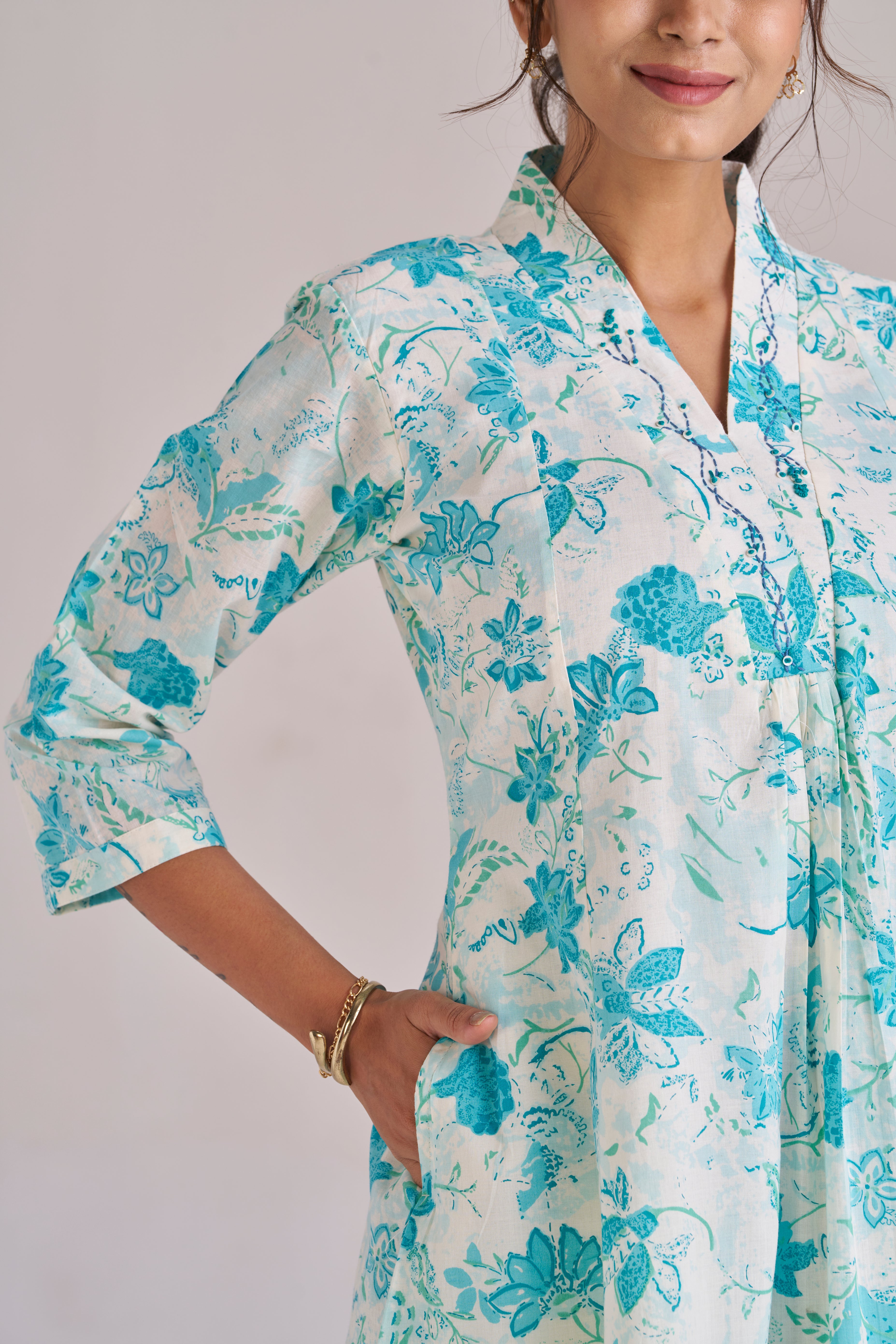 Azure blue floral petal printed cotton midi dress