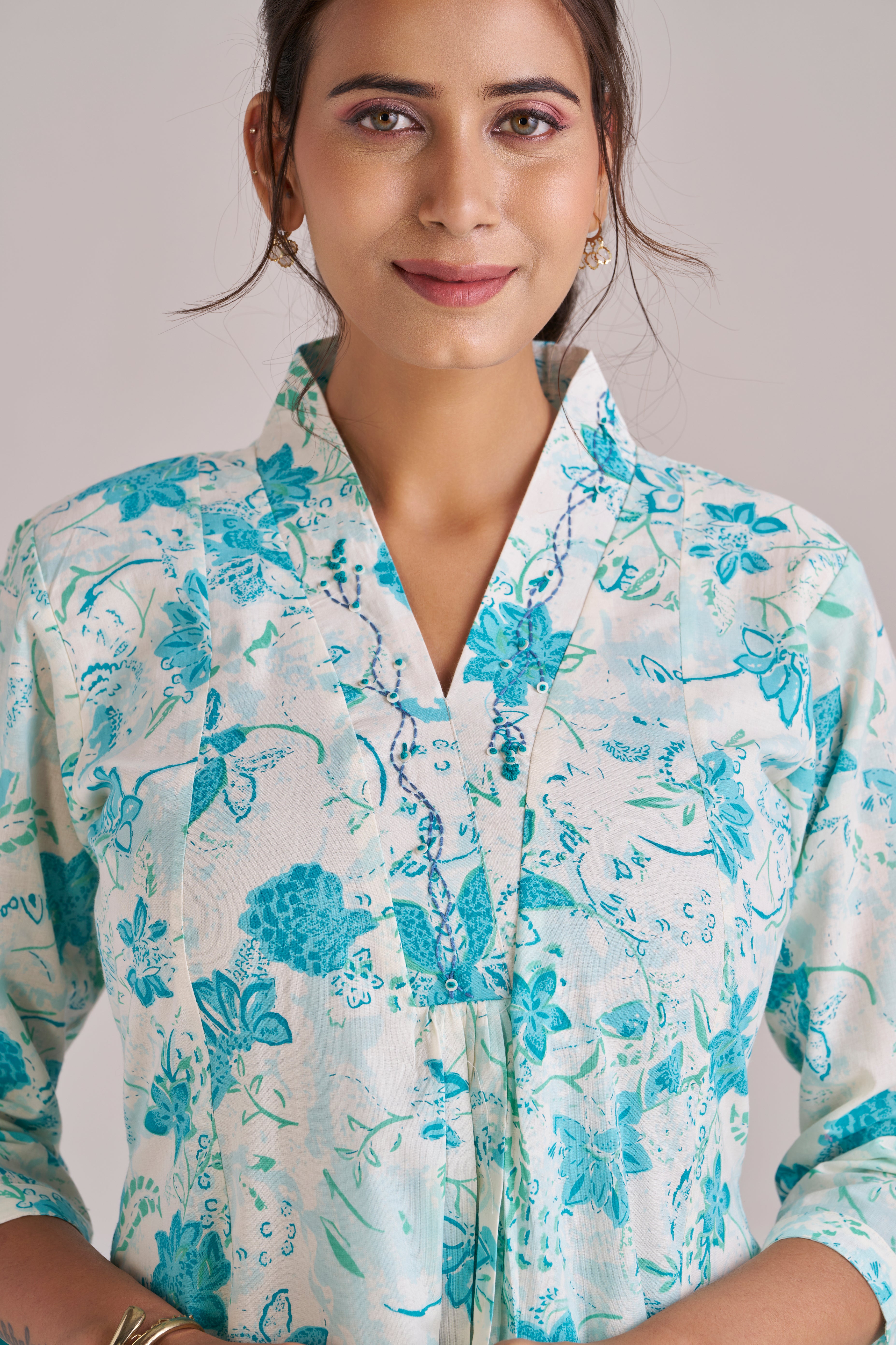 Azure blue floral petal printed cotton midi dress