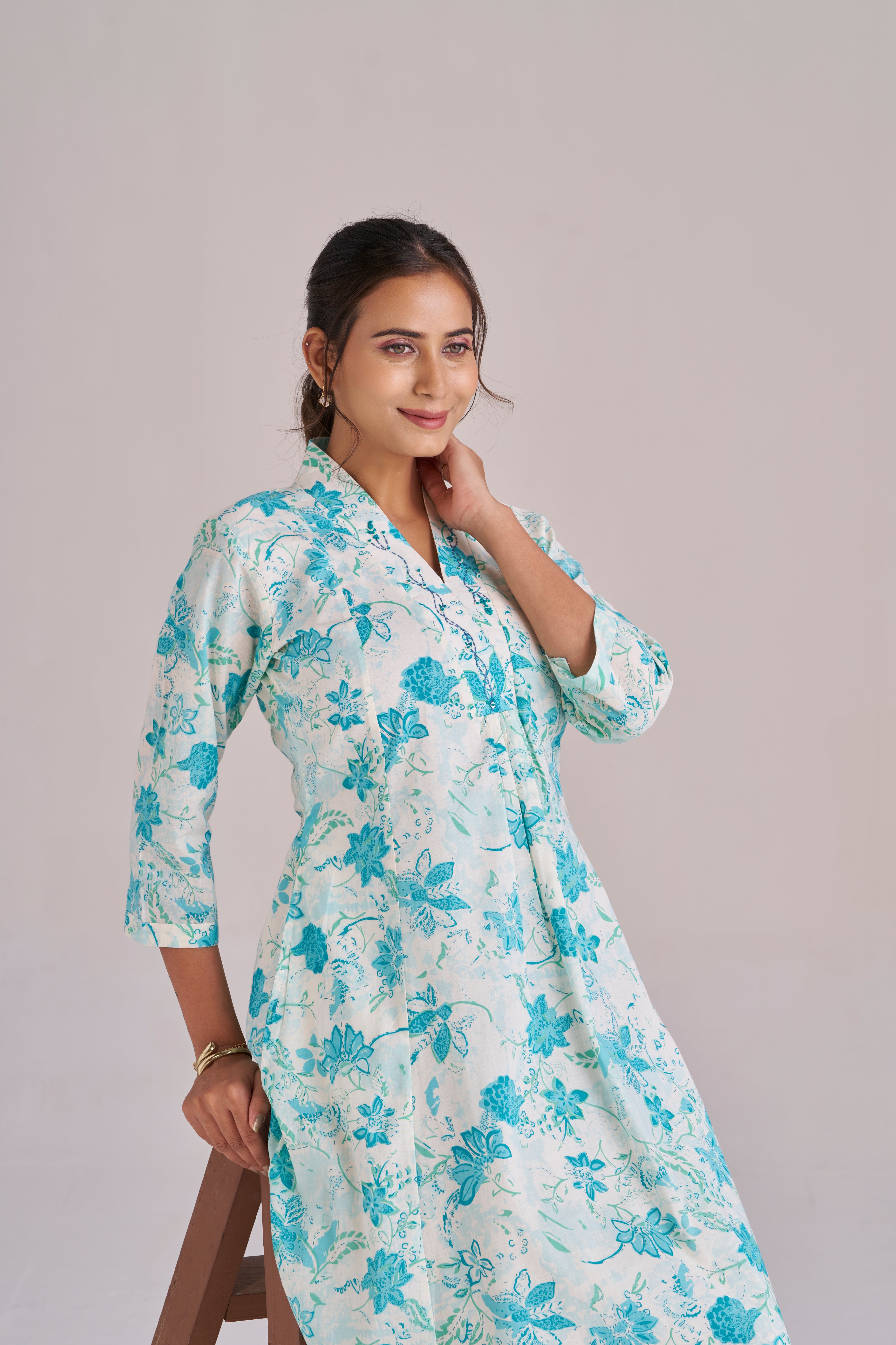 Azure blue floral petal printed cotton midi dress