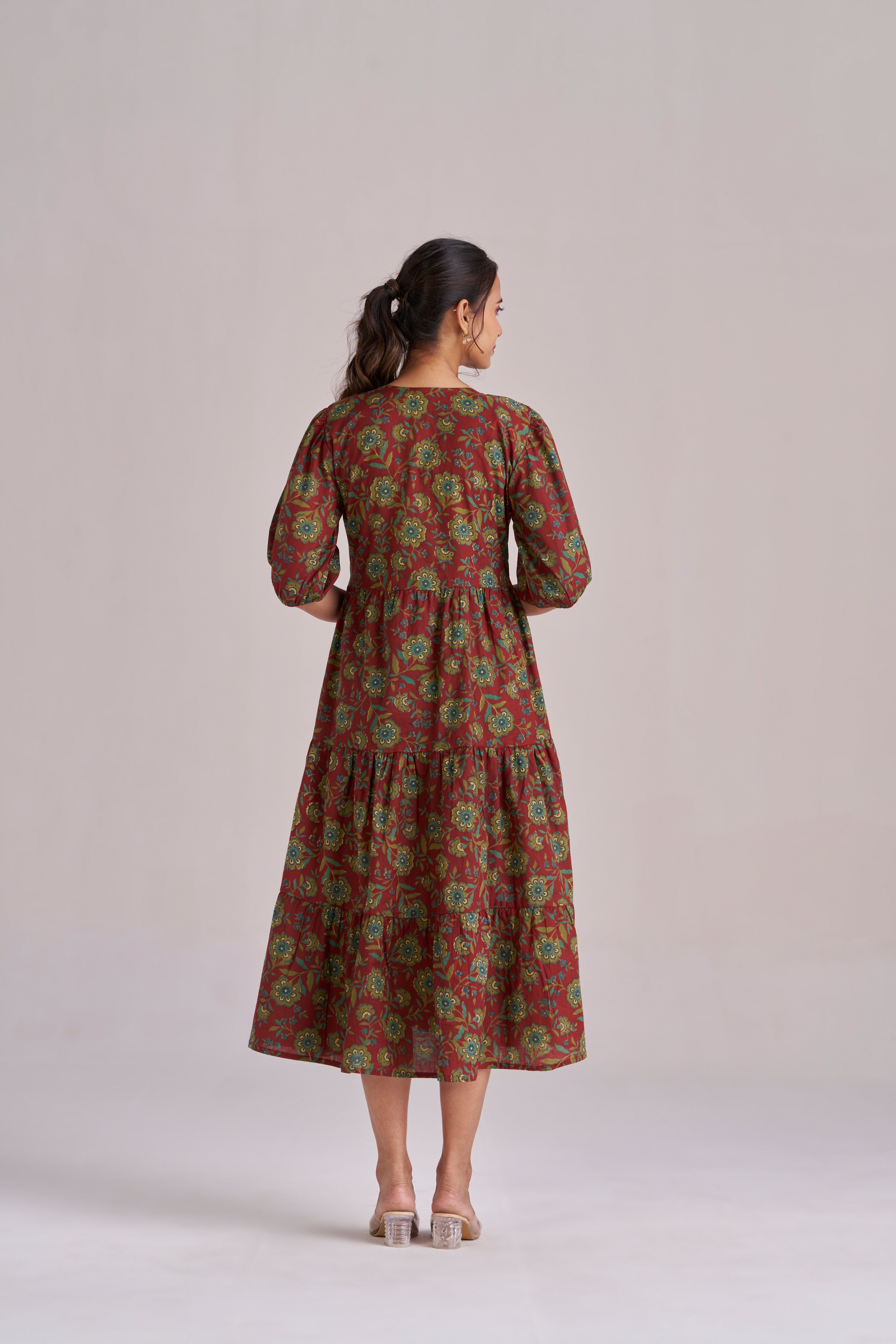 Peter pan collared puff sleeved tiered midi dress in Brick red