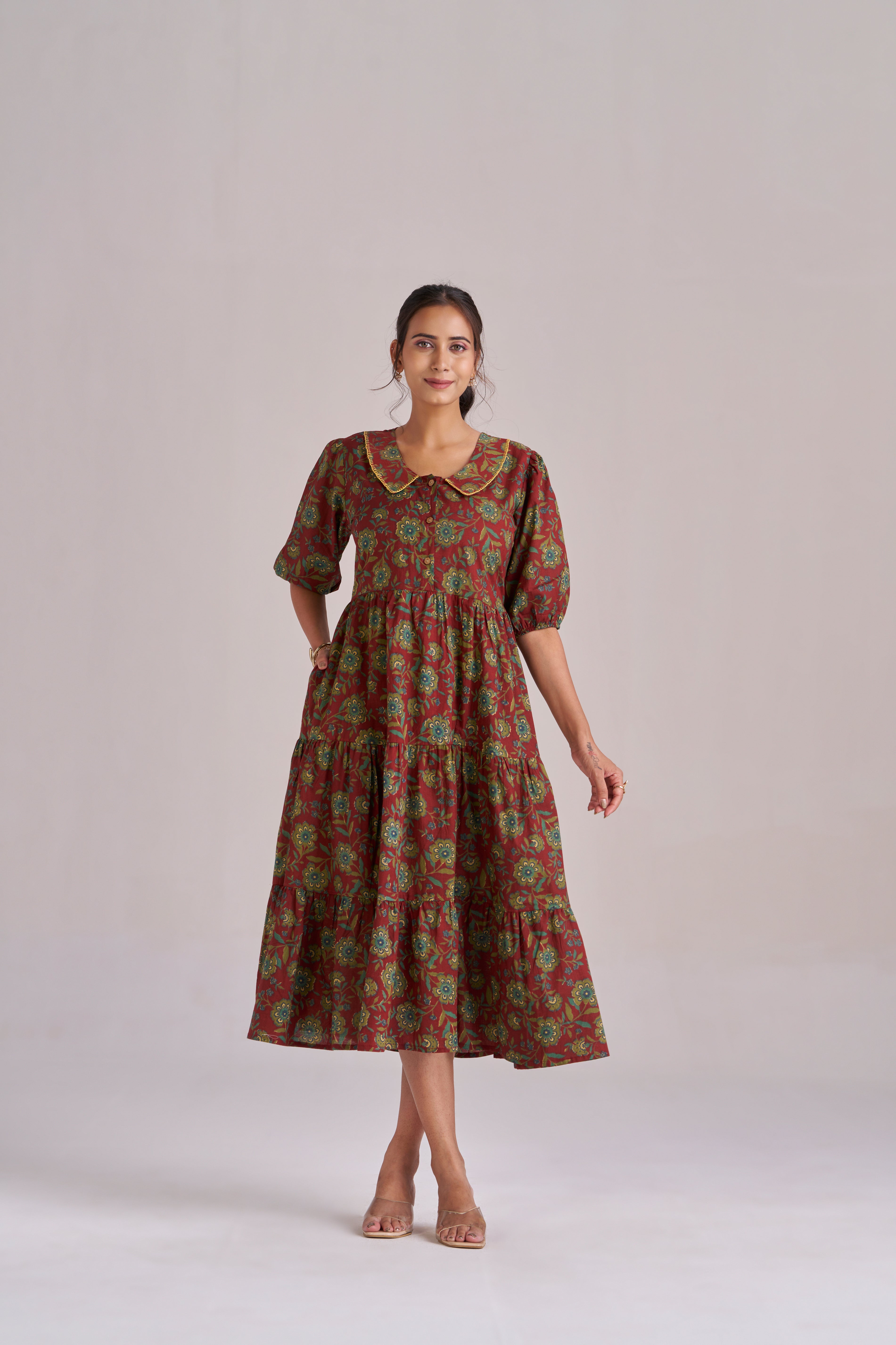 Peter pan collared puff sleeved tiered midi dress in Brick red