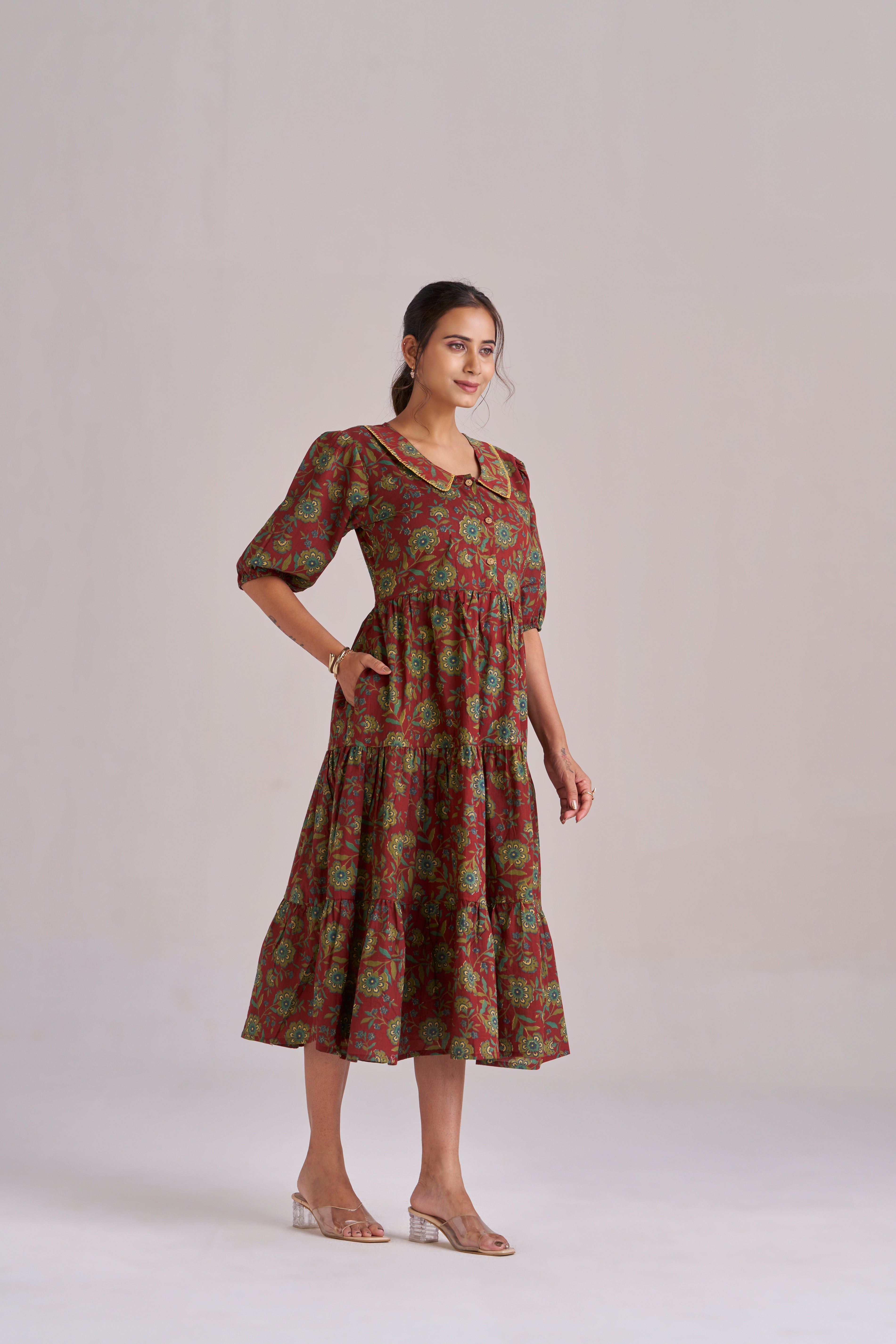 Peter pan collared puff sleeved tiered midi dress in Brick red
