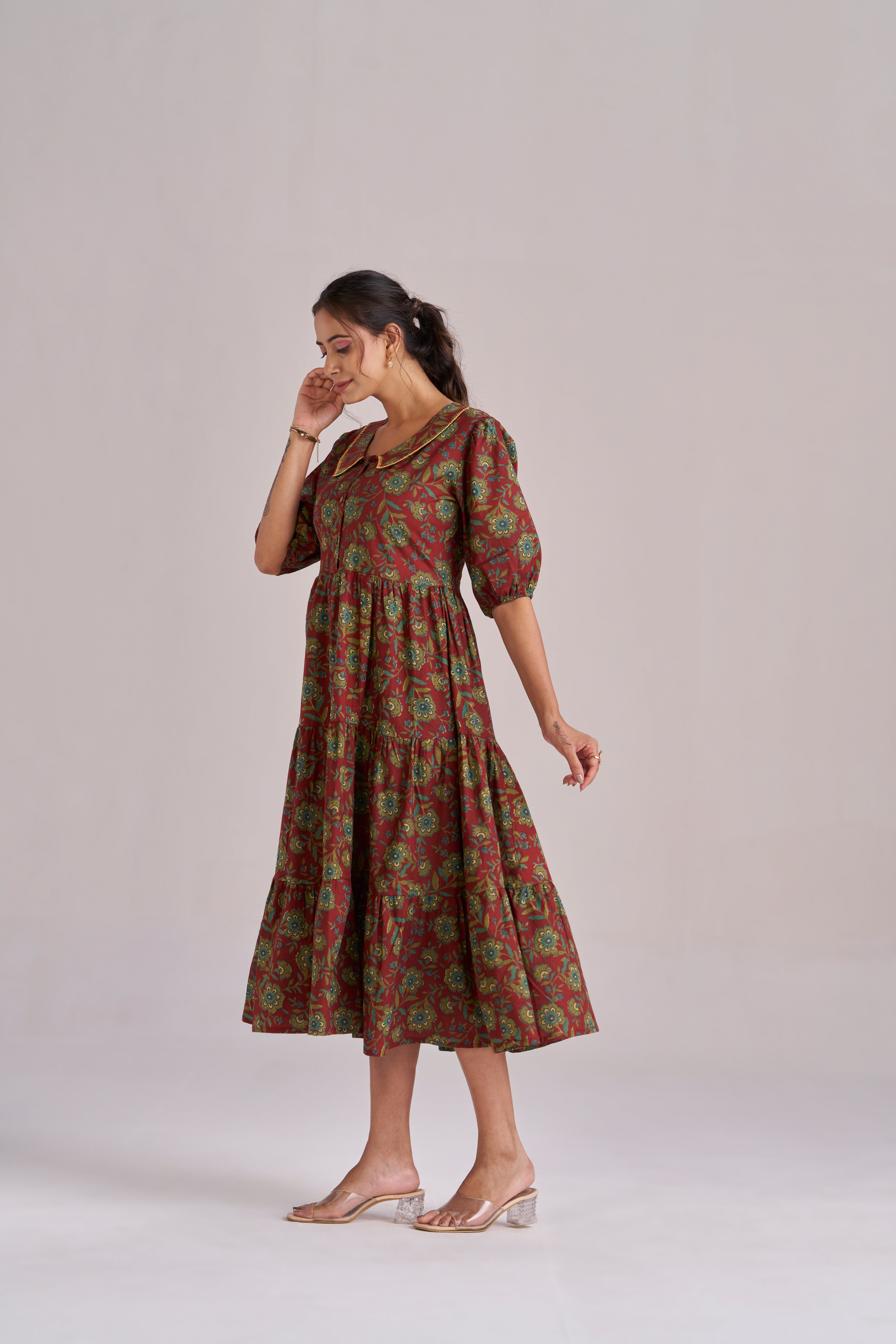 Peter pan collared puff sleeved tiered midi dress in Brick red