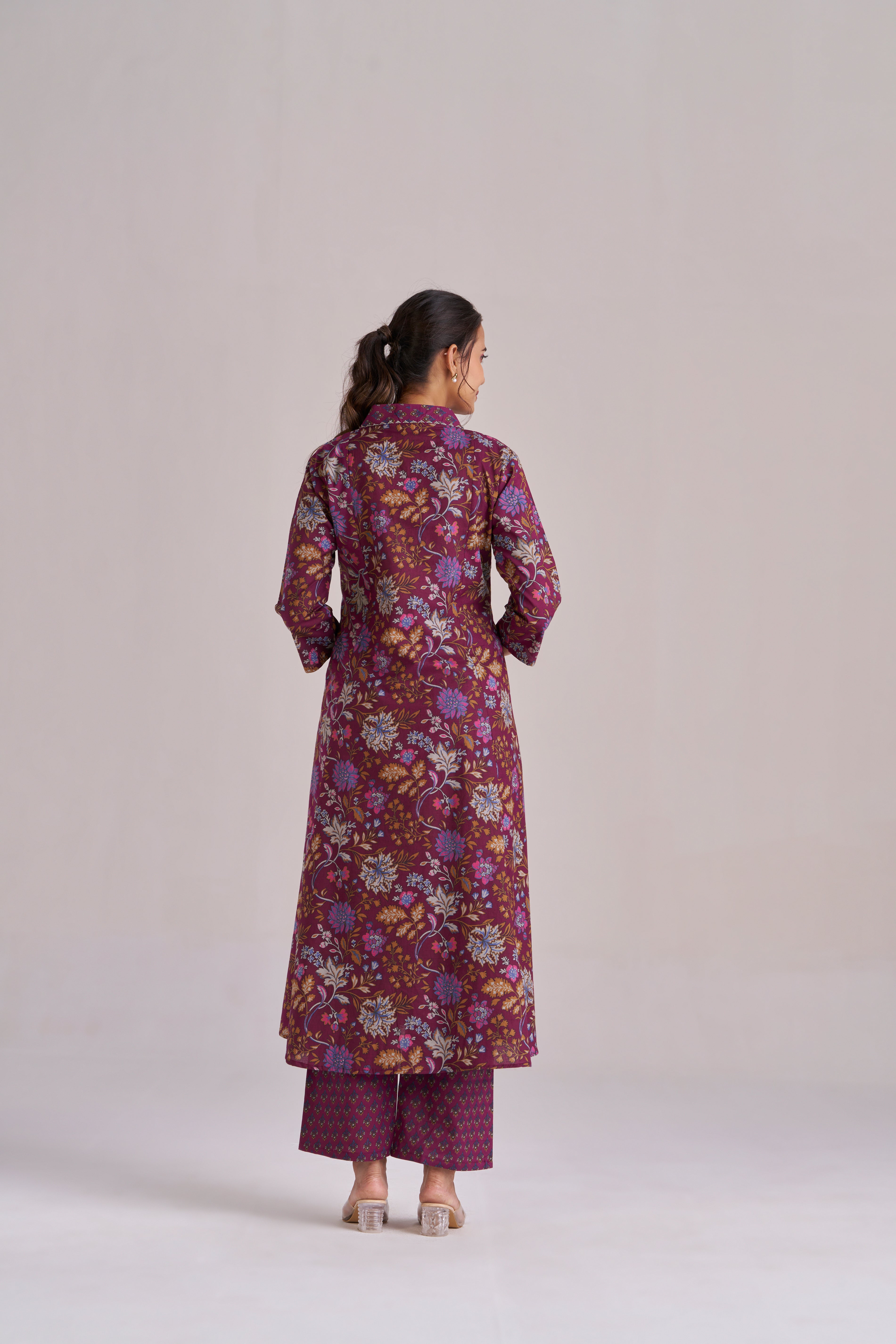 DEEP PURPLE FLORAL A-LINE KURTA SET