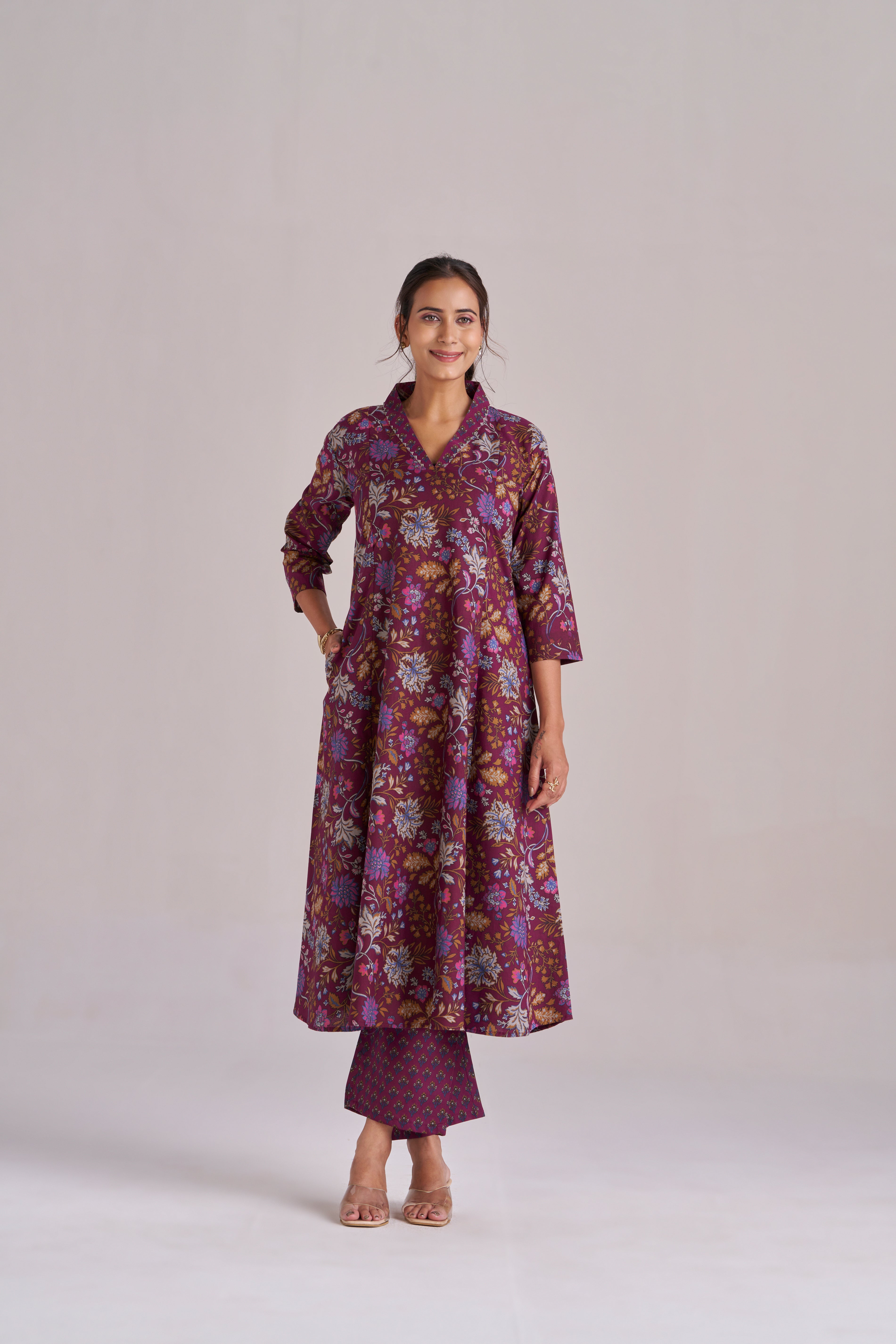 DEEP PURPLE FLORAL A-LINE KURTA SET