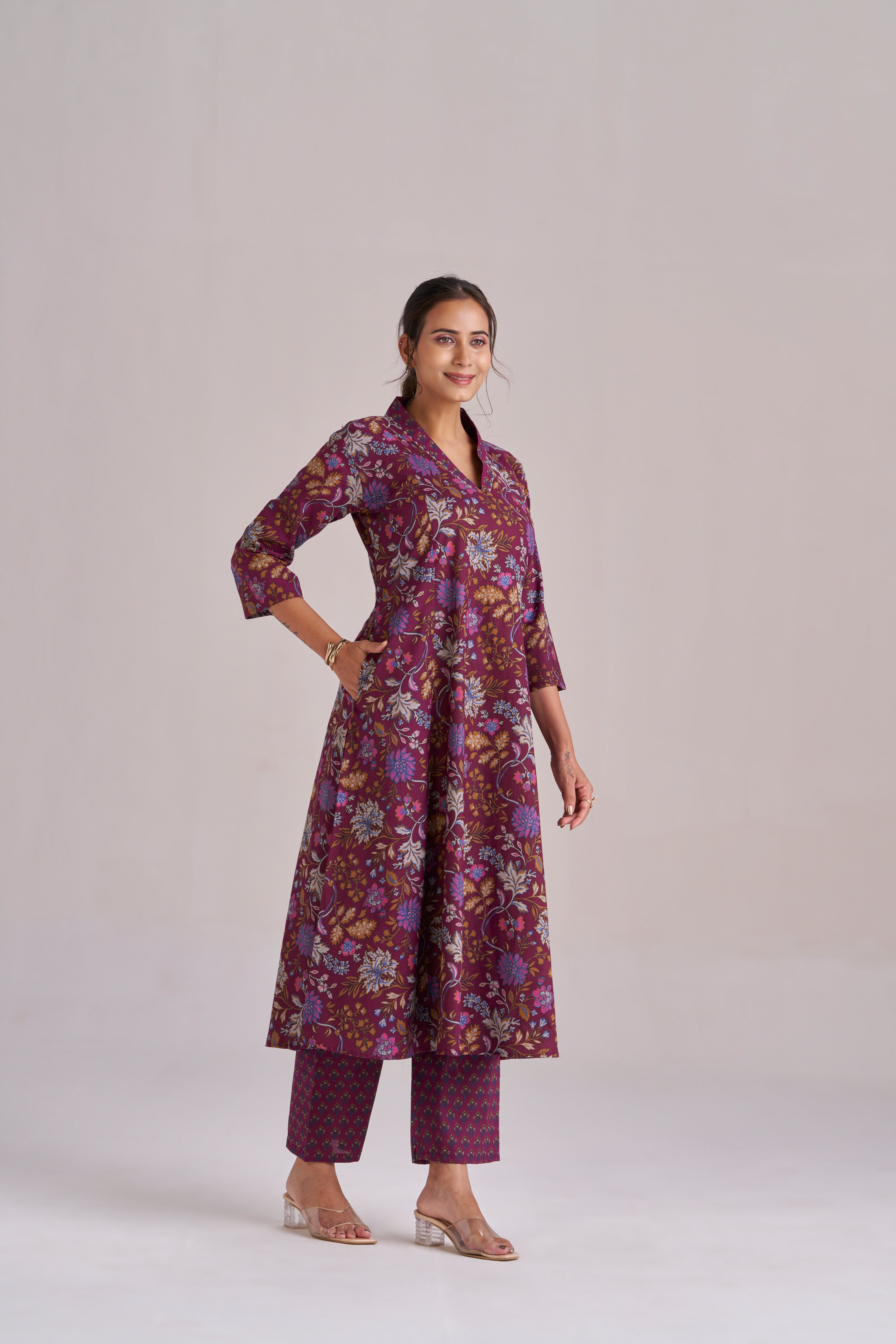 DEEP PURPLE FLORAL A-LINE KURTA SET