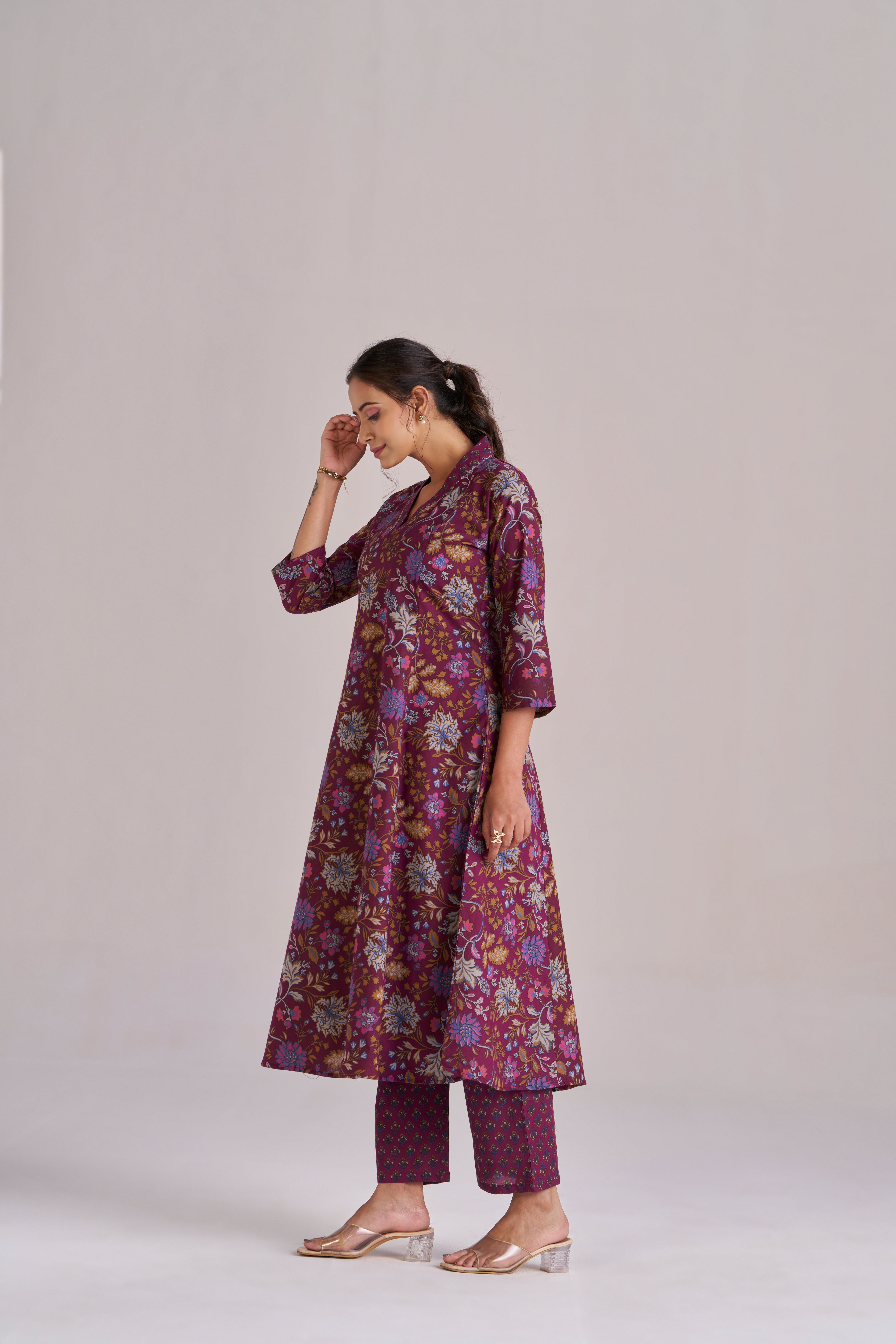 DEEP PURPLE FLORAL A-LINE KURTA SET