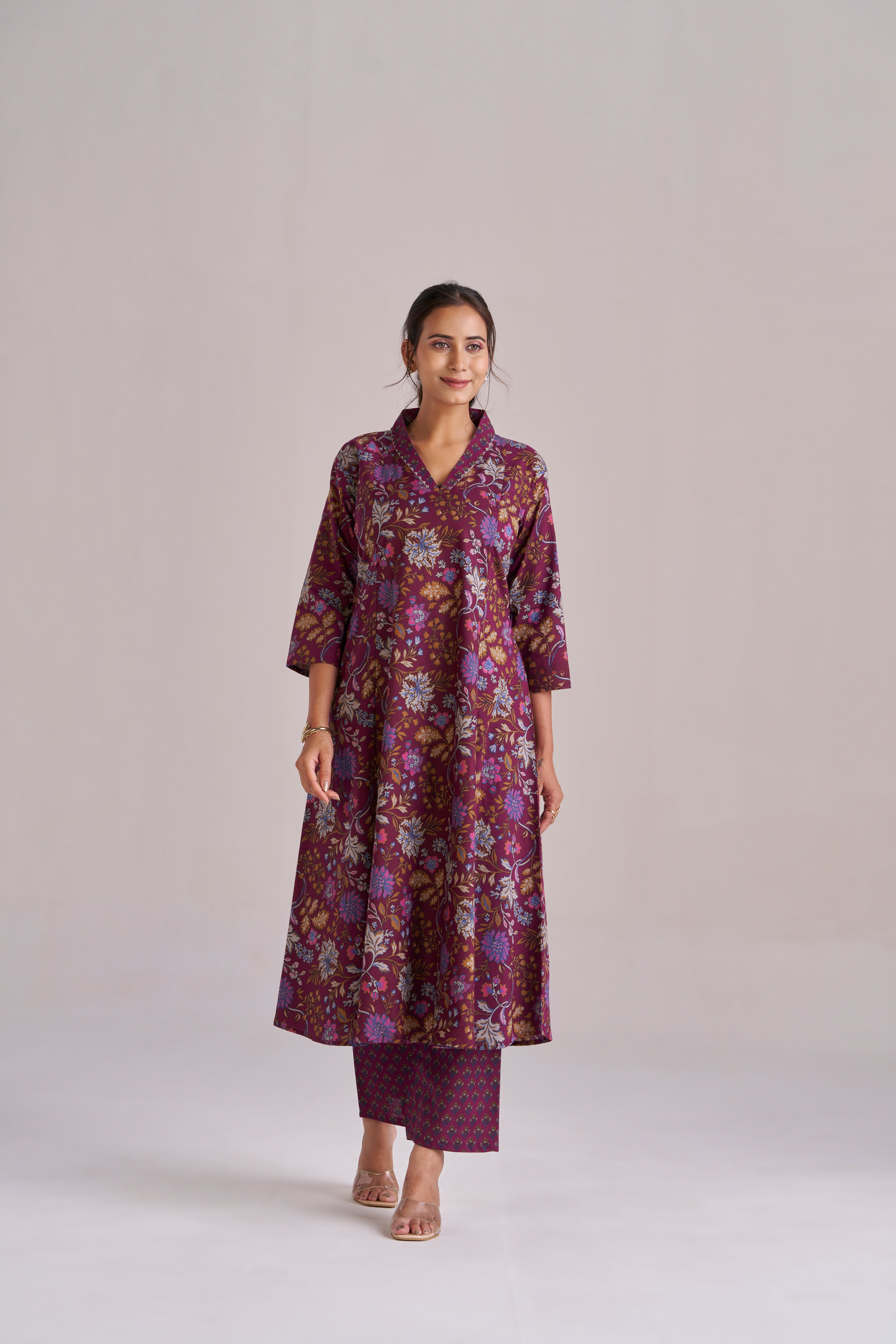DEEP PURPLE FLORAL A-LINE KURTA SET