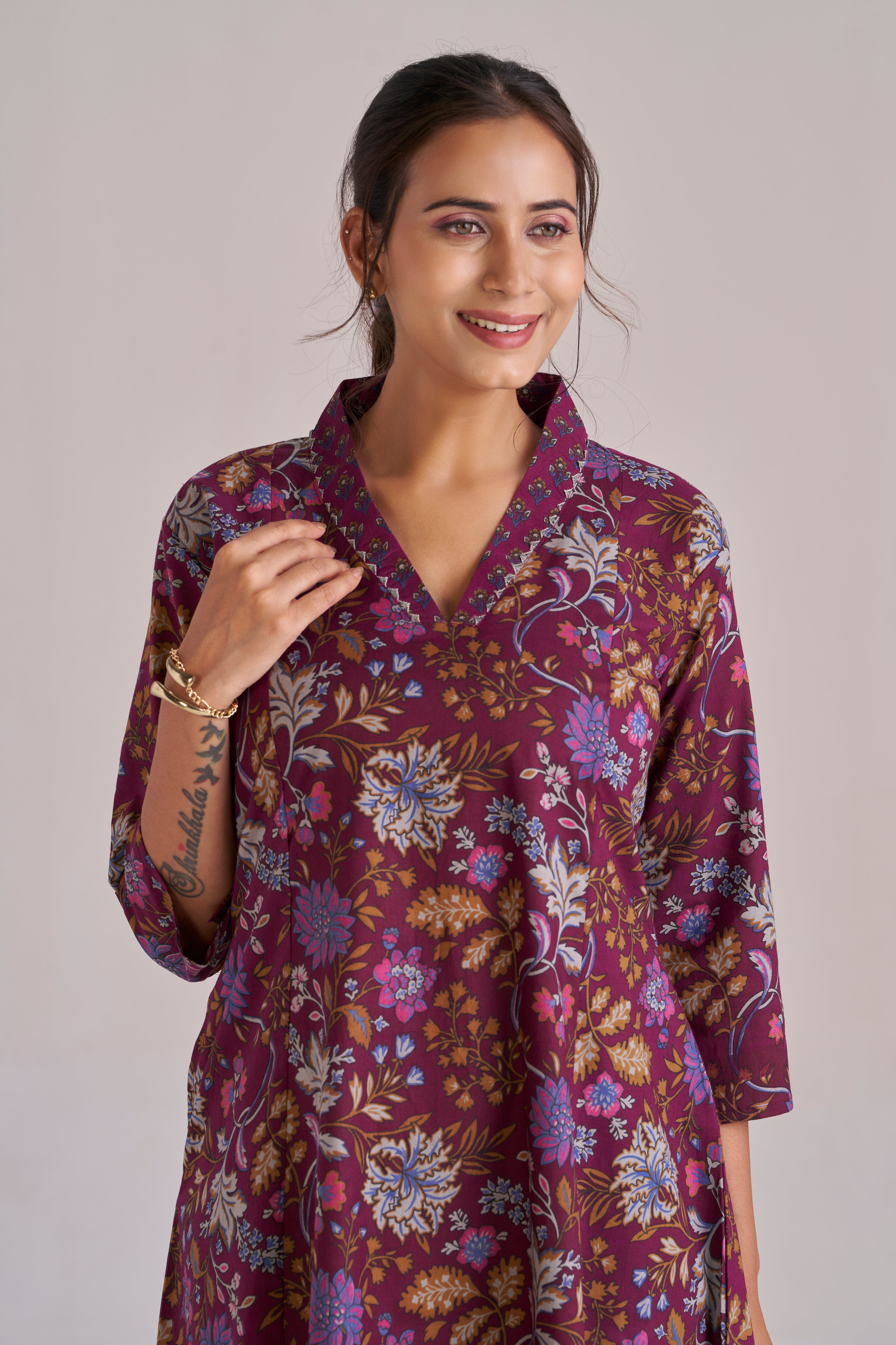 DEEP PURPLE FLORAL A-LINE KURTA SET