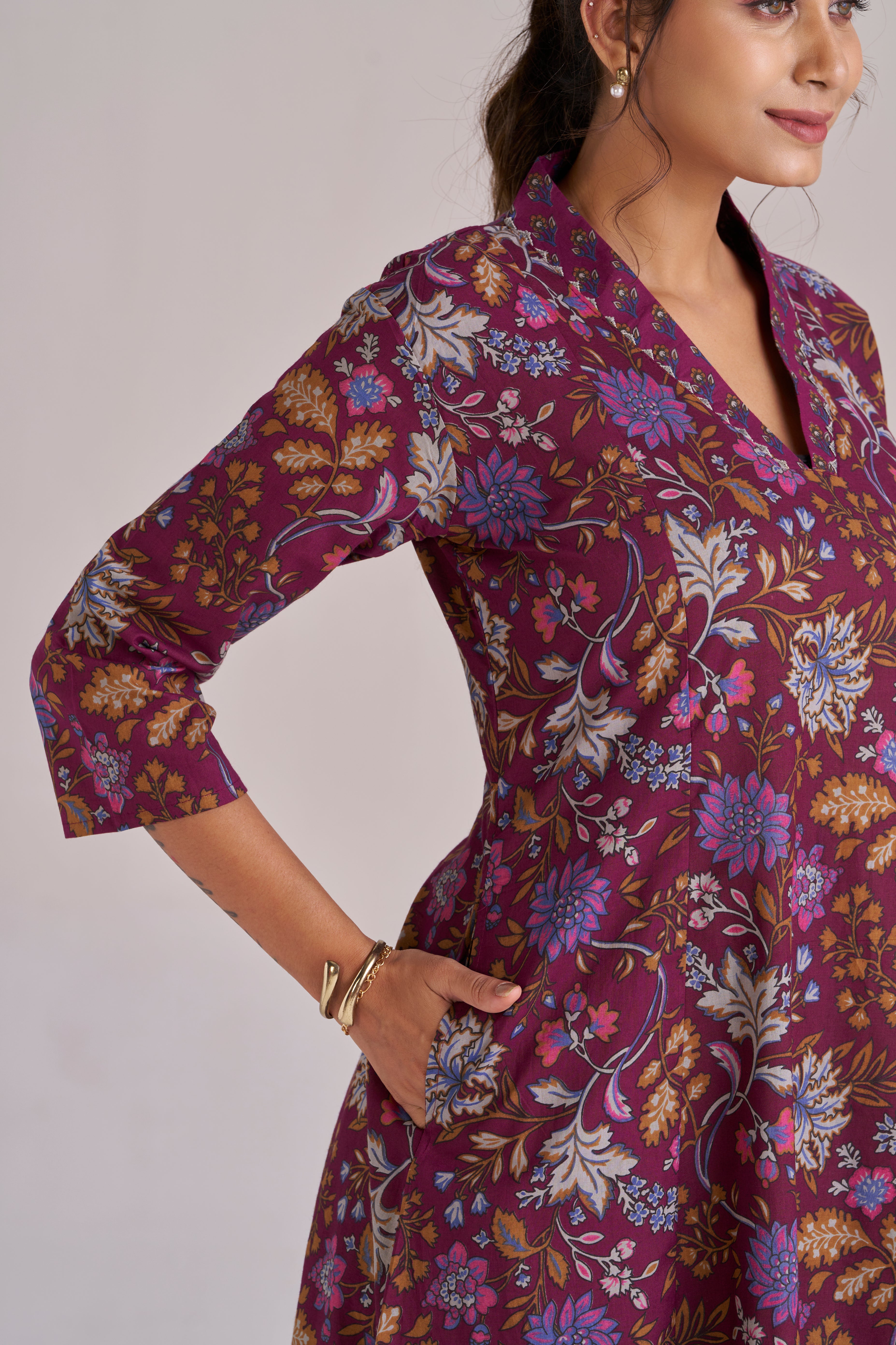 DEEP PURPLE FLORAL A-LINE KURTA SET