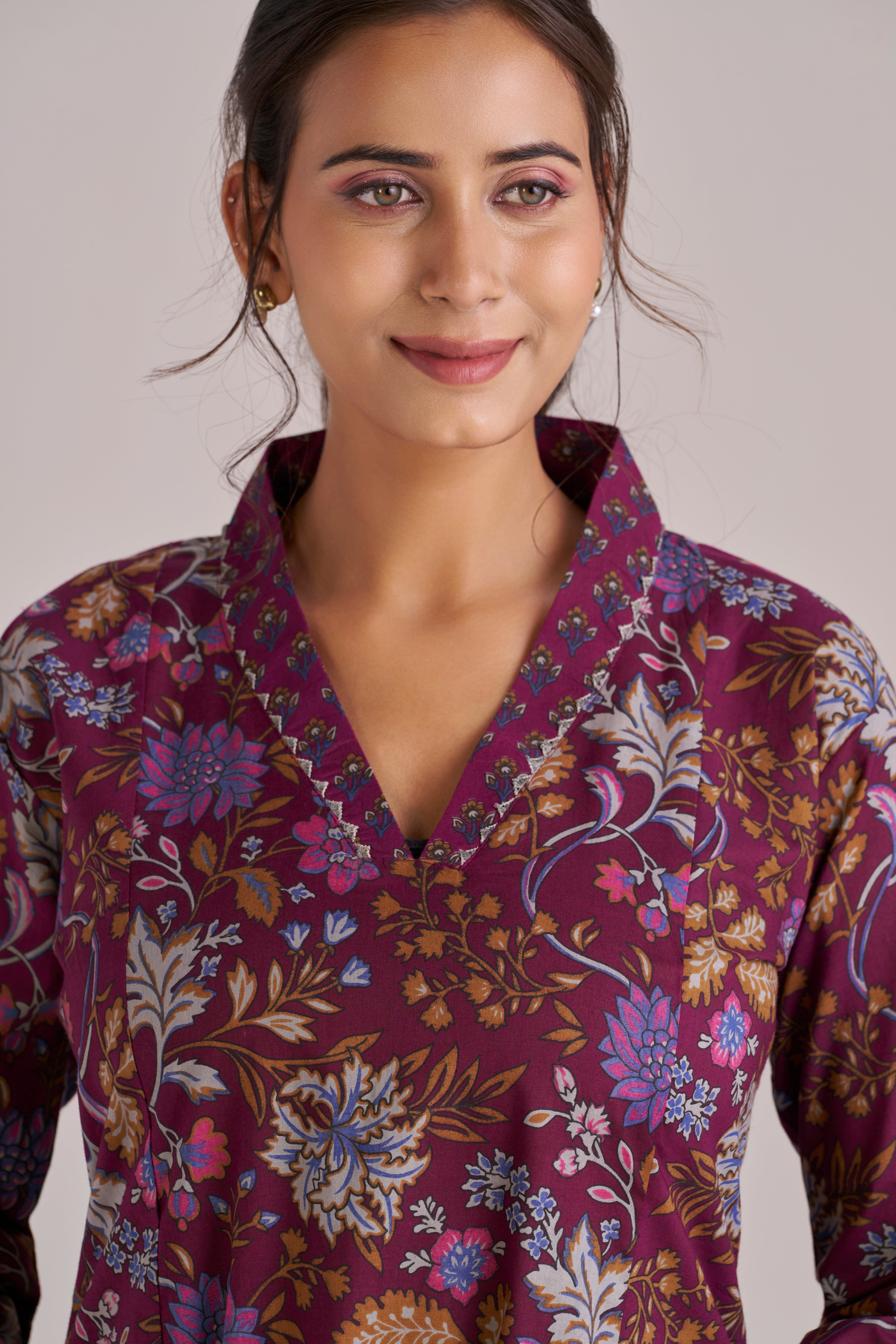 DEEP PURPLE FLORAL A-LINE KURTA SET