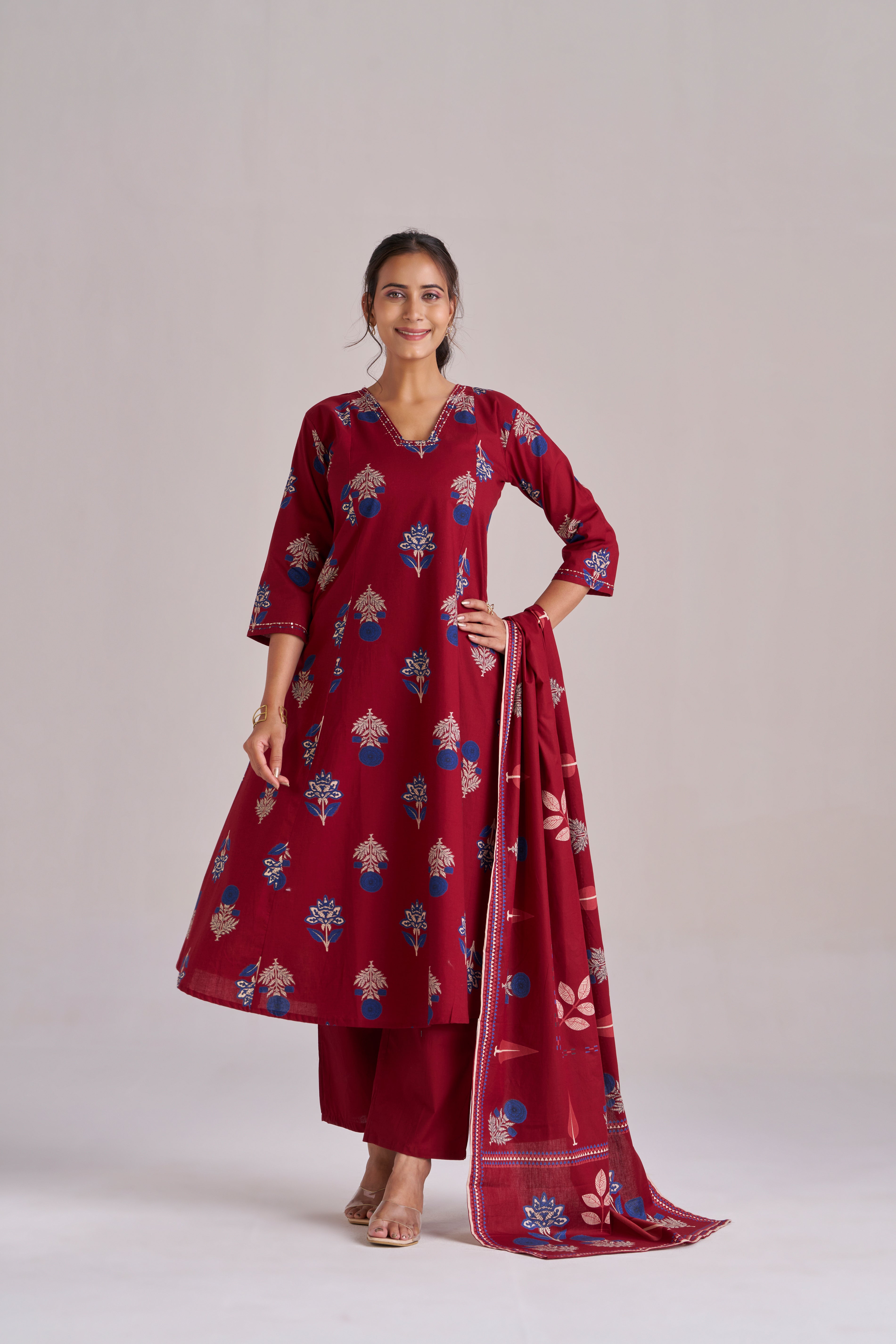 MAROON COTTON KURTA SET WITH DUPATTA