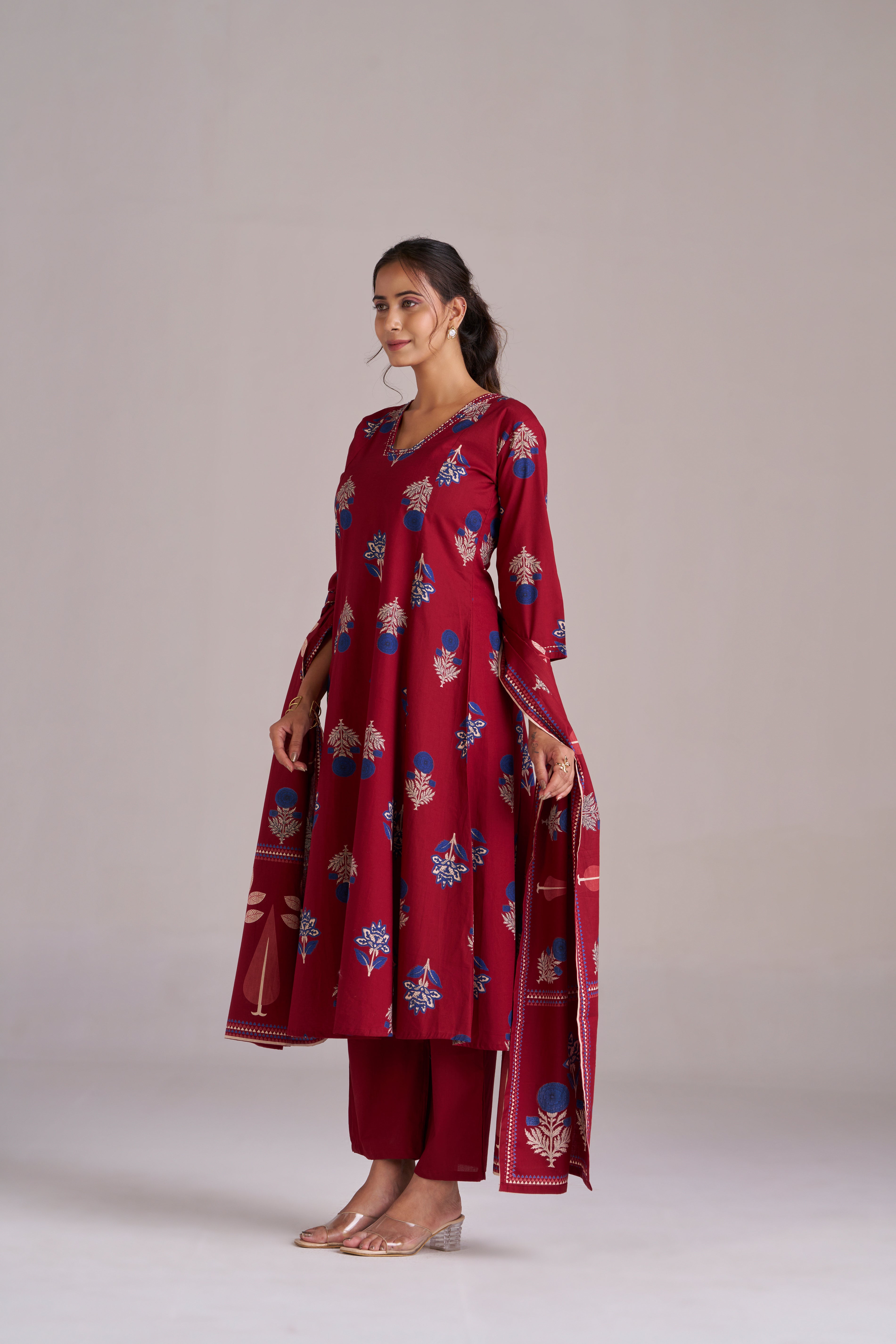 MAROON COTTON KURTA SET WITH DUPATTA
